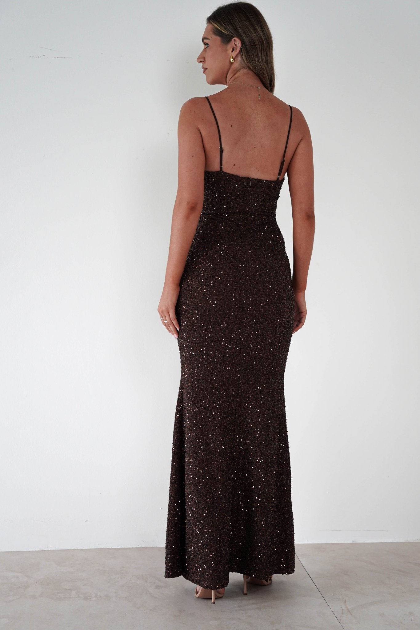Maria Sequin Bodycon Maxi Gown | Brown | Oh Hello Clothing | S (8)