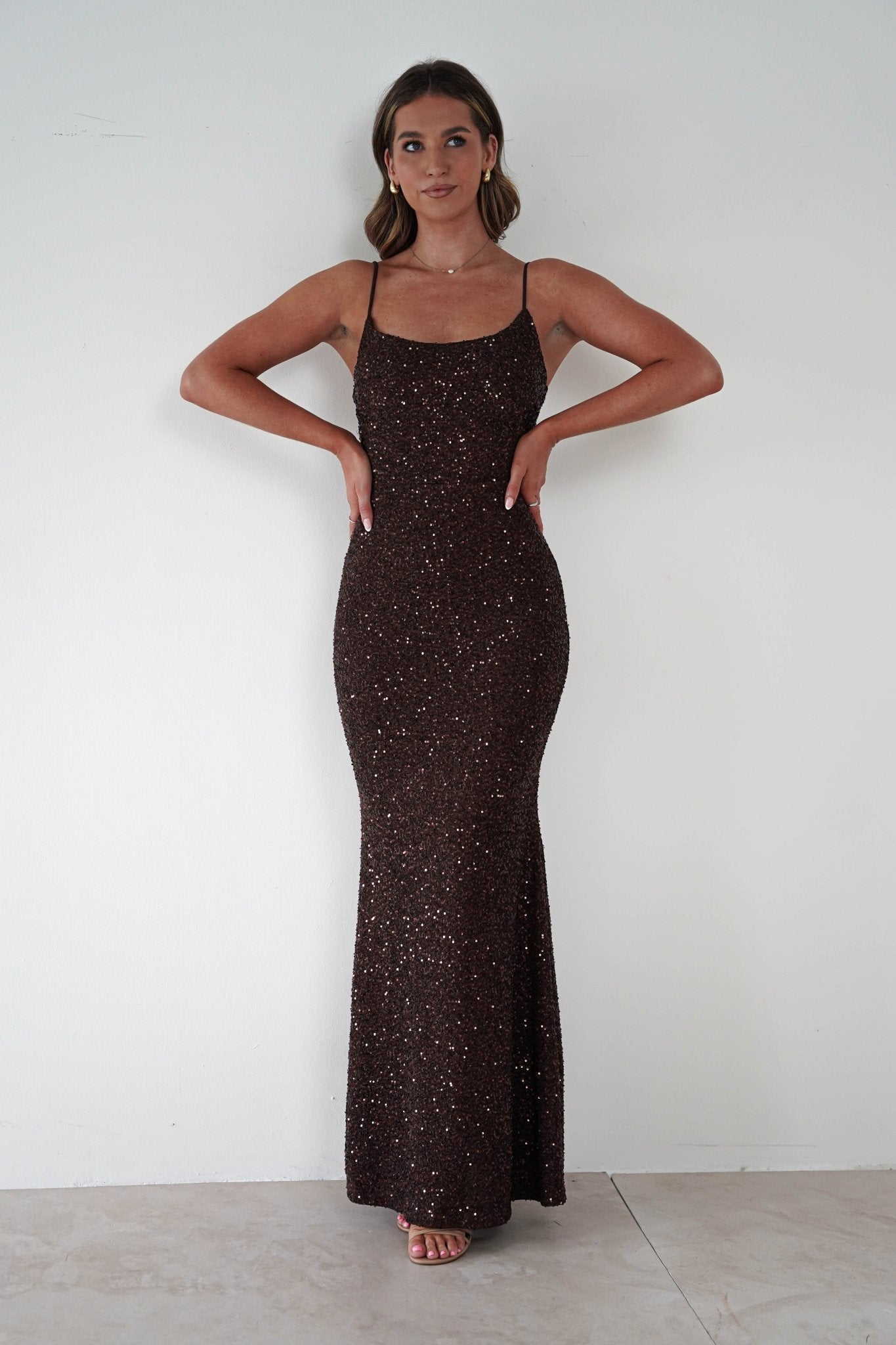 Maria Sequin Bodycon Maxi Gown | Brown | Oh Hello Clothing | S (8)