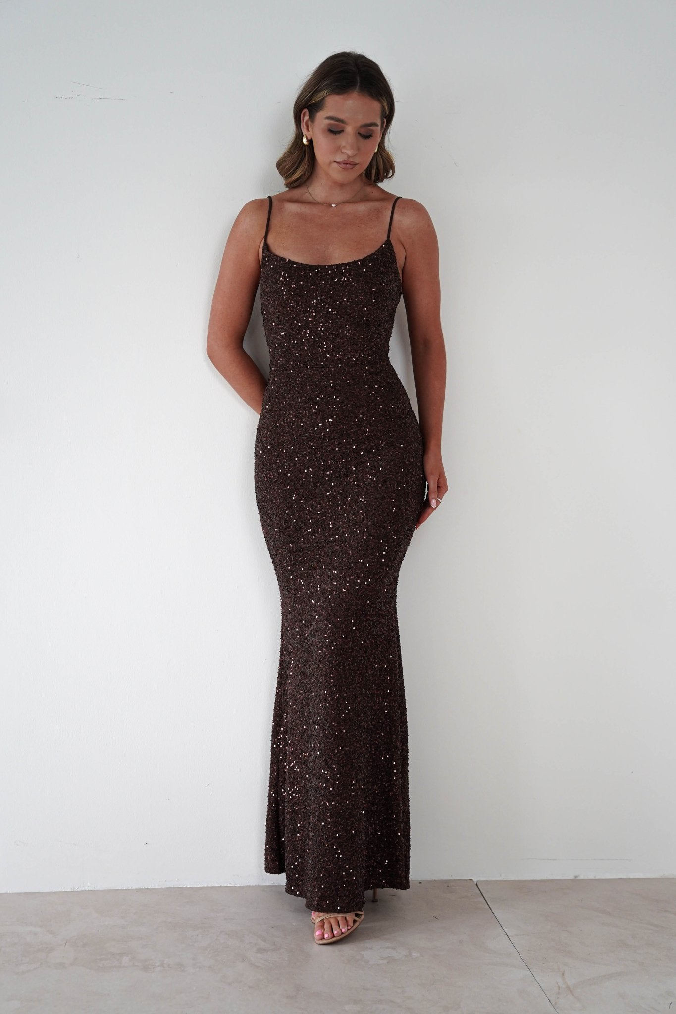 Maria Sequin Bodycon Maxi Gown | Brown | Oh Hello Clothing | S (8)