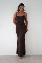 Maria Sequin Bodycon Maxi Gown | Brown | Debs & Prom | Formal Gown | Oh Hello Clothing