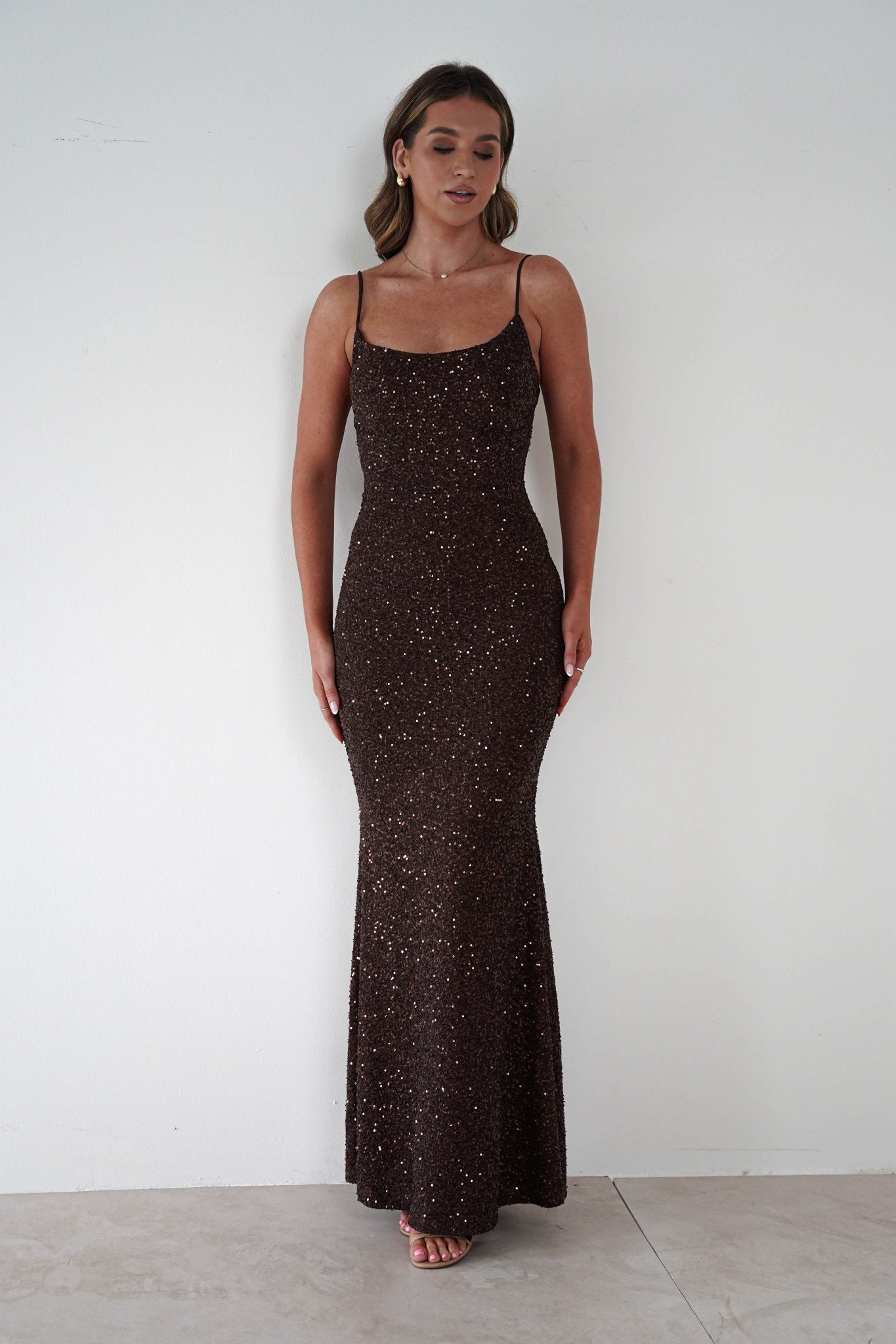 Maria Sequin Bodycon Maxi Gown | Brown | Oh Hello Clothing | S (8)