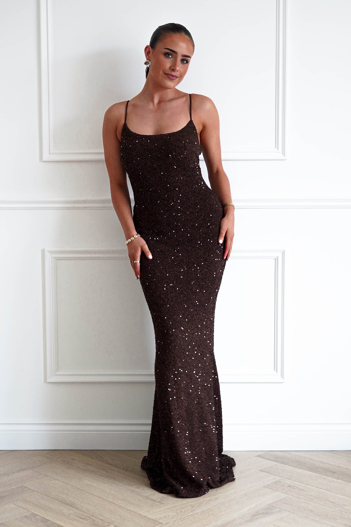 Oh Hello Clothing Women > Clothing > Dresses Maria Sequin Bodycon Maxi Gown | Brown