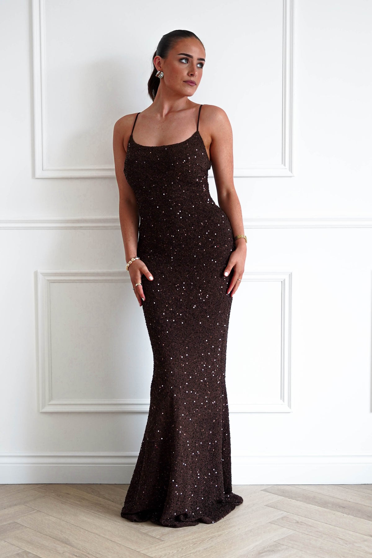Oh Hello Clothing Women > Clothing > Dresses Maria Sequin Bodycon Maxi Gown | Brown