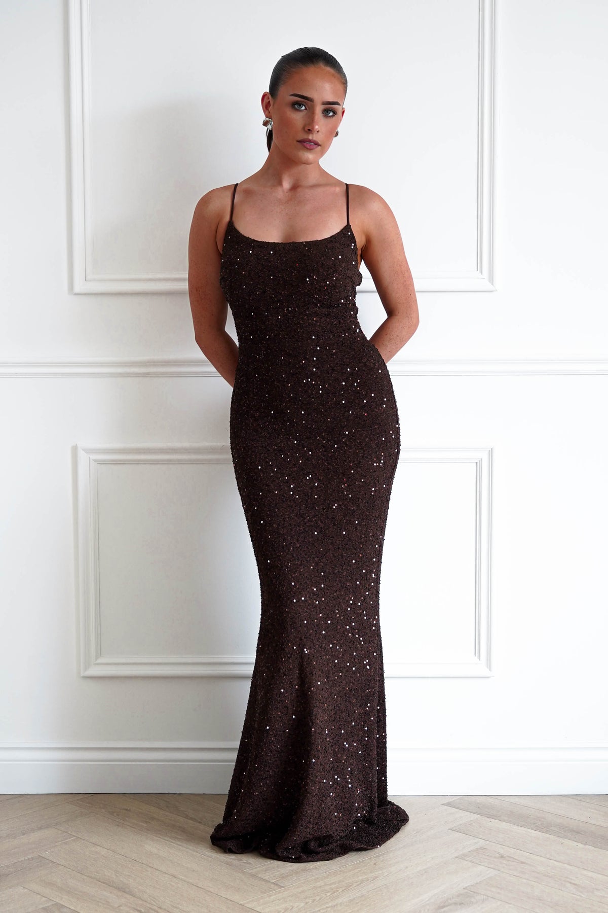 Oh Hello Clothing Women > Clothing > Dresses Maria Sequin Bodycon Maxi Gown | Brown