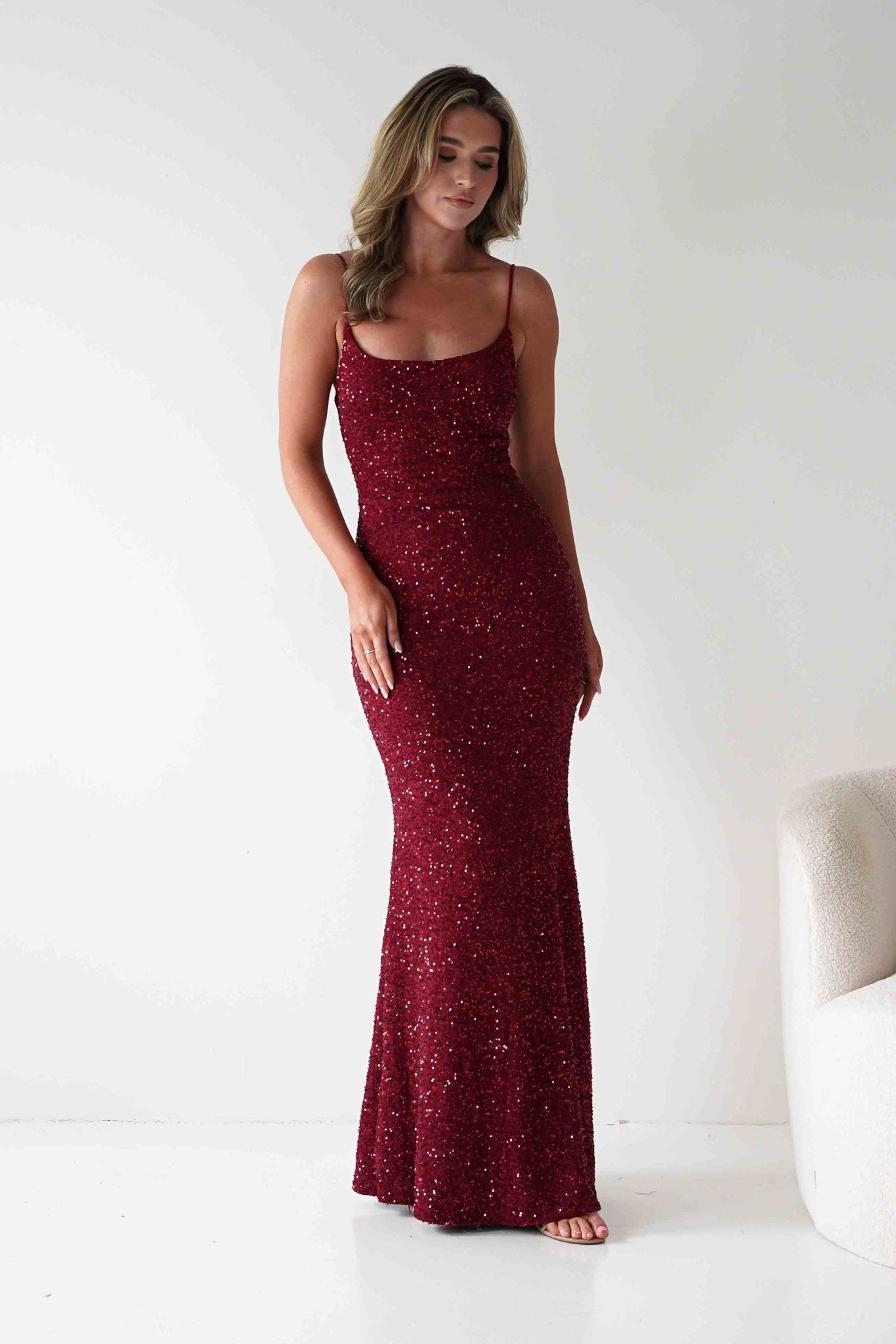 Maria Sequin Bodycon Maxi Gown | Dark Red | Oh Hello Clothing | S (8)