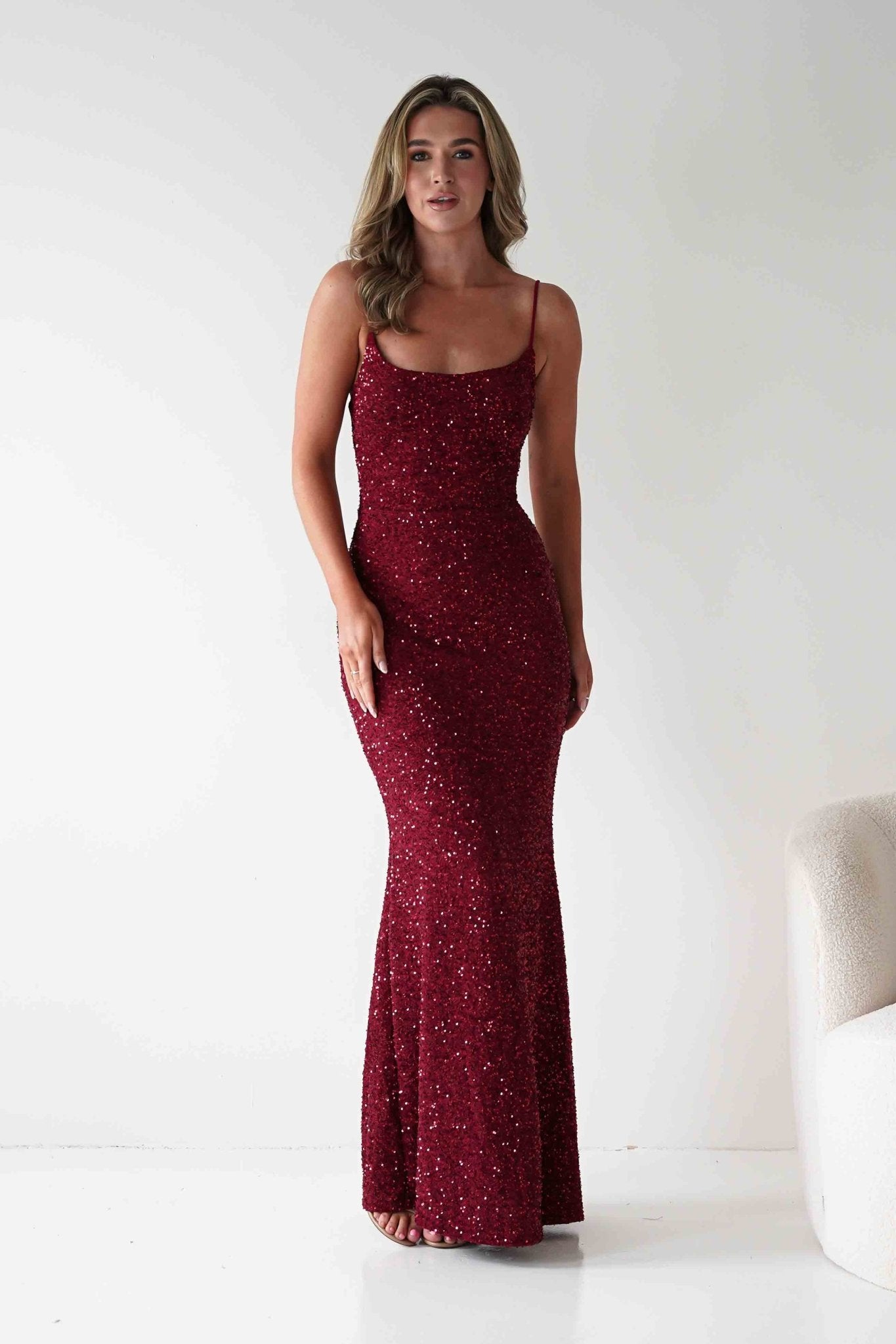 Maria Sequin Bodycon Maxi Gown | Dark Red | Oh Hello Clothing | S (8)