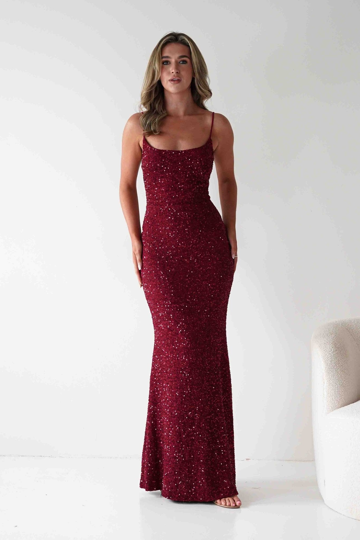 Maria Sequin Bodycon Maxi Gown | Dark Red | Oh Hello Clothing | S (8)