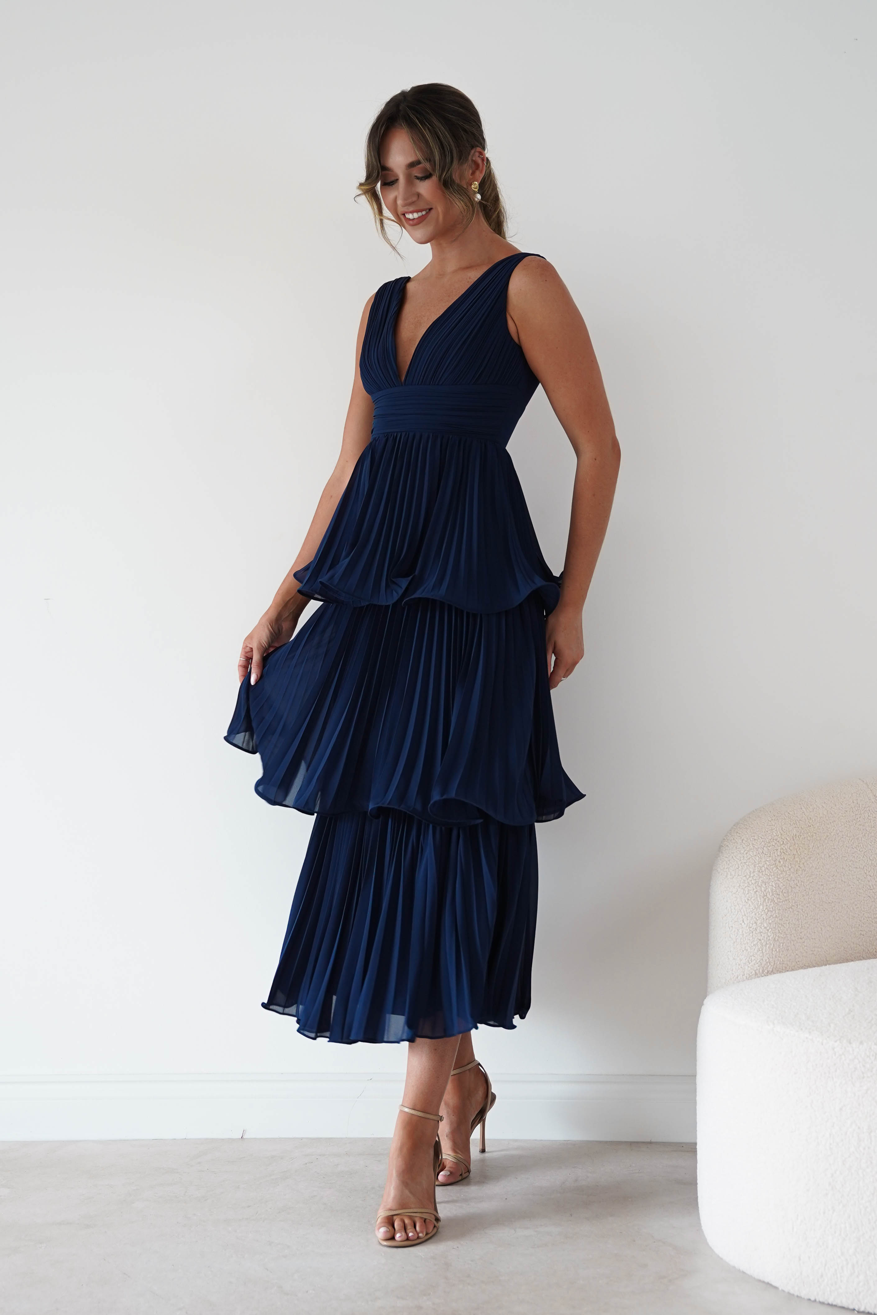 Oh Hello Clothing Women > Clothing > Dresses Marielle Pleated Tiered Midi Dress | Navy Blue