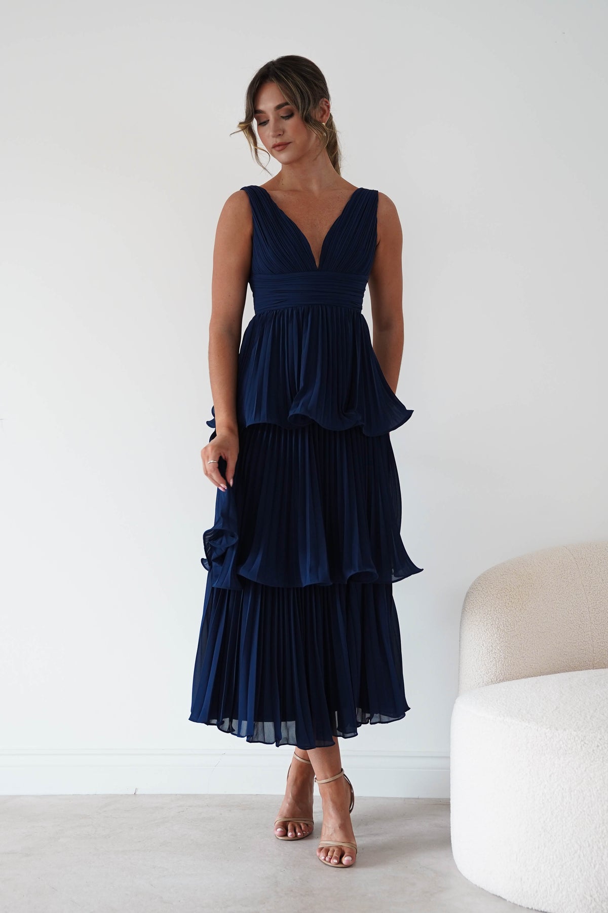 Oh Hello Clothing Women > Clothing > Dresses Marielle Pleated Tiered Midi Dress | Navy Blue