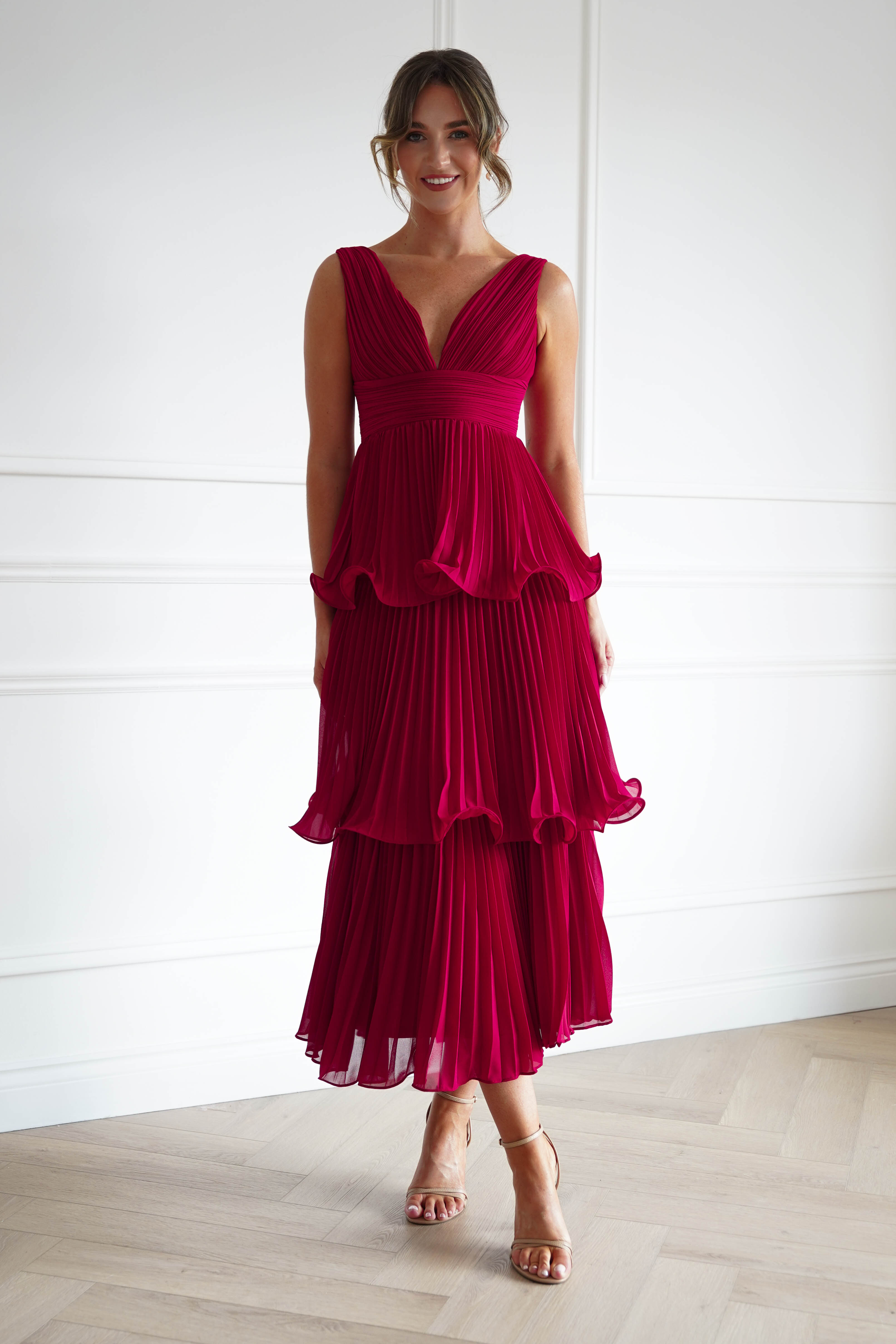 Oh Hello Clothing Women > Clothing > Dresses Marielle Pleated Tiered Midi Dress | Red