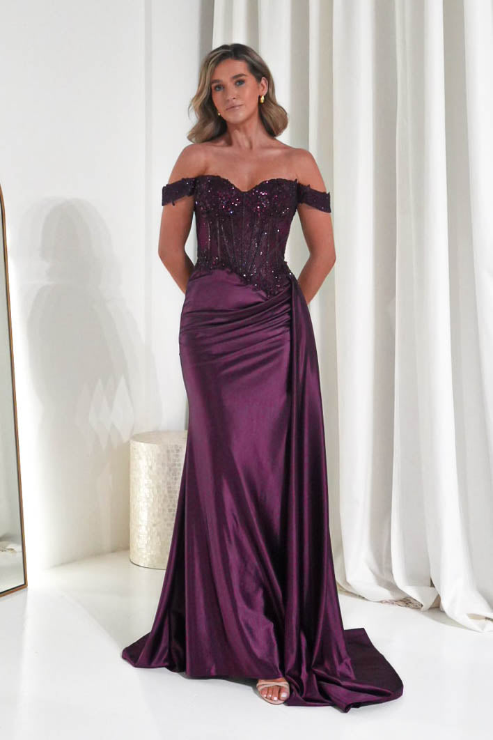 Oh Hello Clothing Women > Clothing > Dresses Marsela Lace Bodice Gown | Eggplant