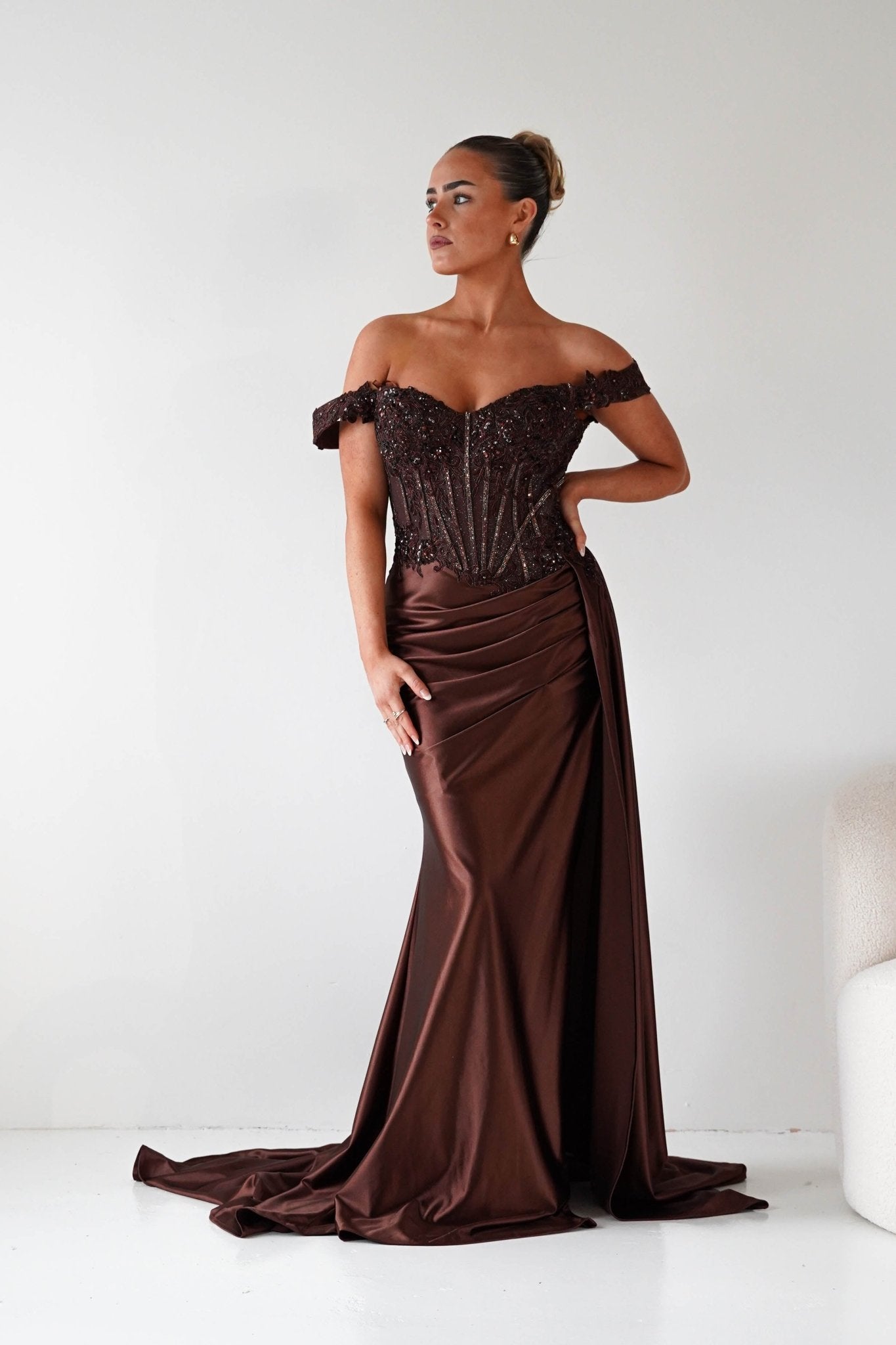 Oh Hello Clothing Debs & Prom Dresses Marsela Lace Bodice Gown | Espresso Brown