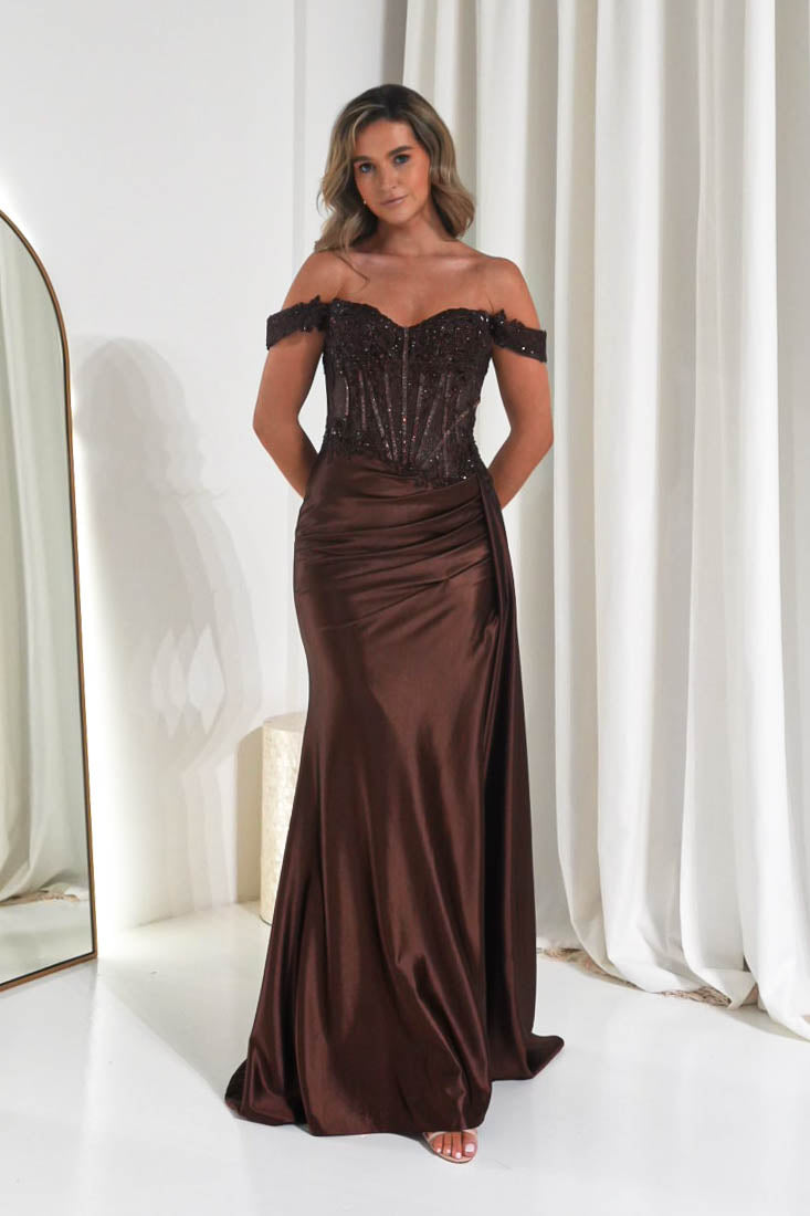 Oh Hello Clothing Women > Clothing > Dresses Marsela Lace Bodice Gown | Espresso Brown