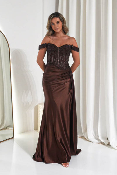 womens brown formal dress Brown Velvet Wrap V Neckline Dress