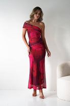 Mayflower Mesh Bodycon Midaxi Dress | Red/Pink | Wedding Guest | Graduation | Oh Hello Clothing