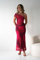 Mayflower Mesh Bodycon Midaxi Dress | Red/Pink | Wedding Guest | Graduation | Oh Hello Clothing