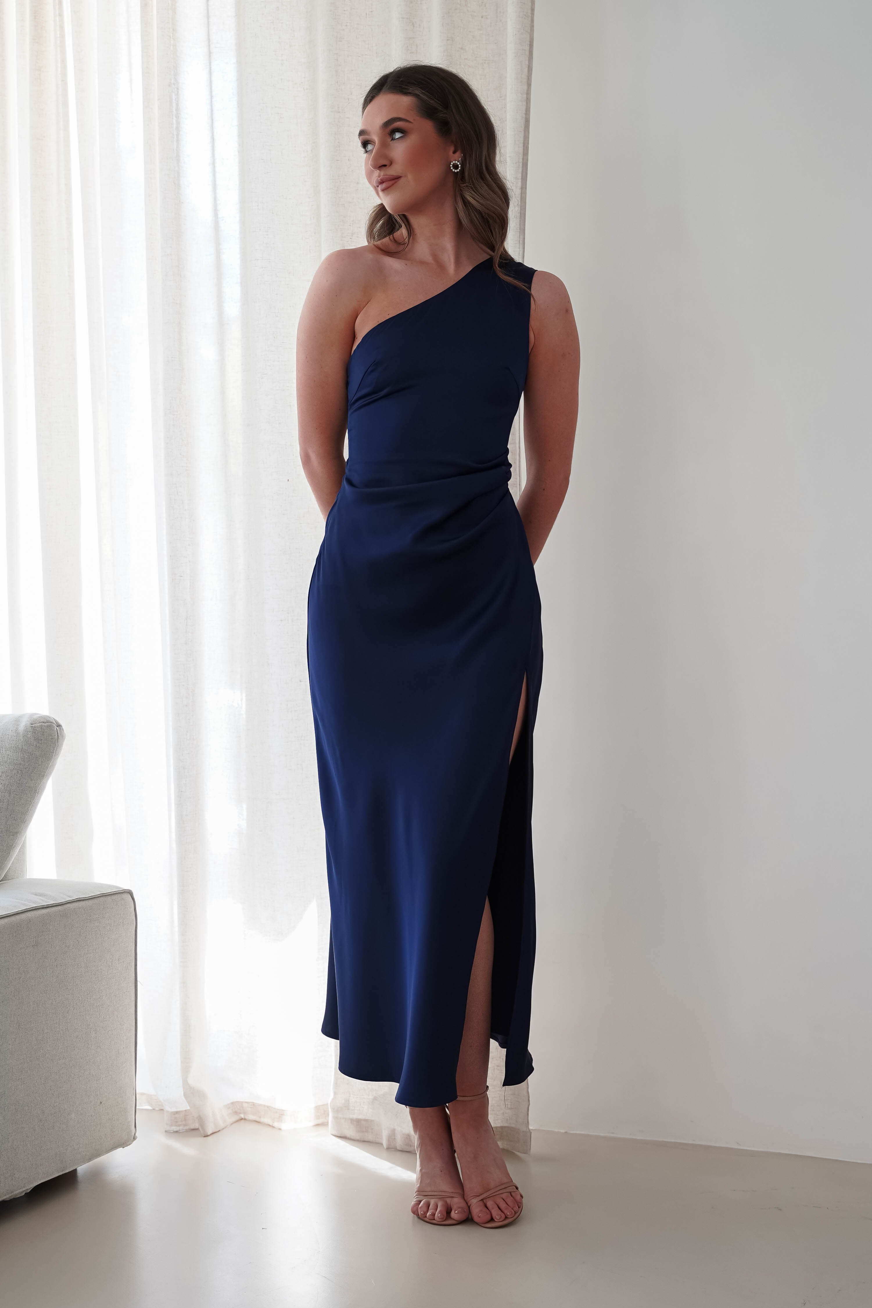 Meera Soft Matte Satin Midaxi Dress | Navy