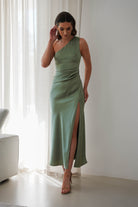 Meera Soft Matte Satin Midaxi Dress Olive | Wedding Guest Dress | Satin | Oh Hello Clothing