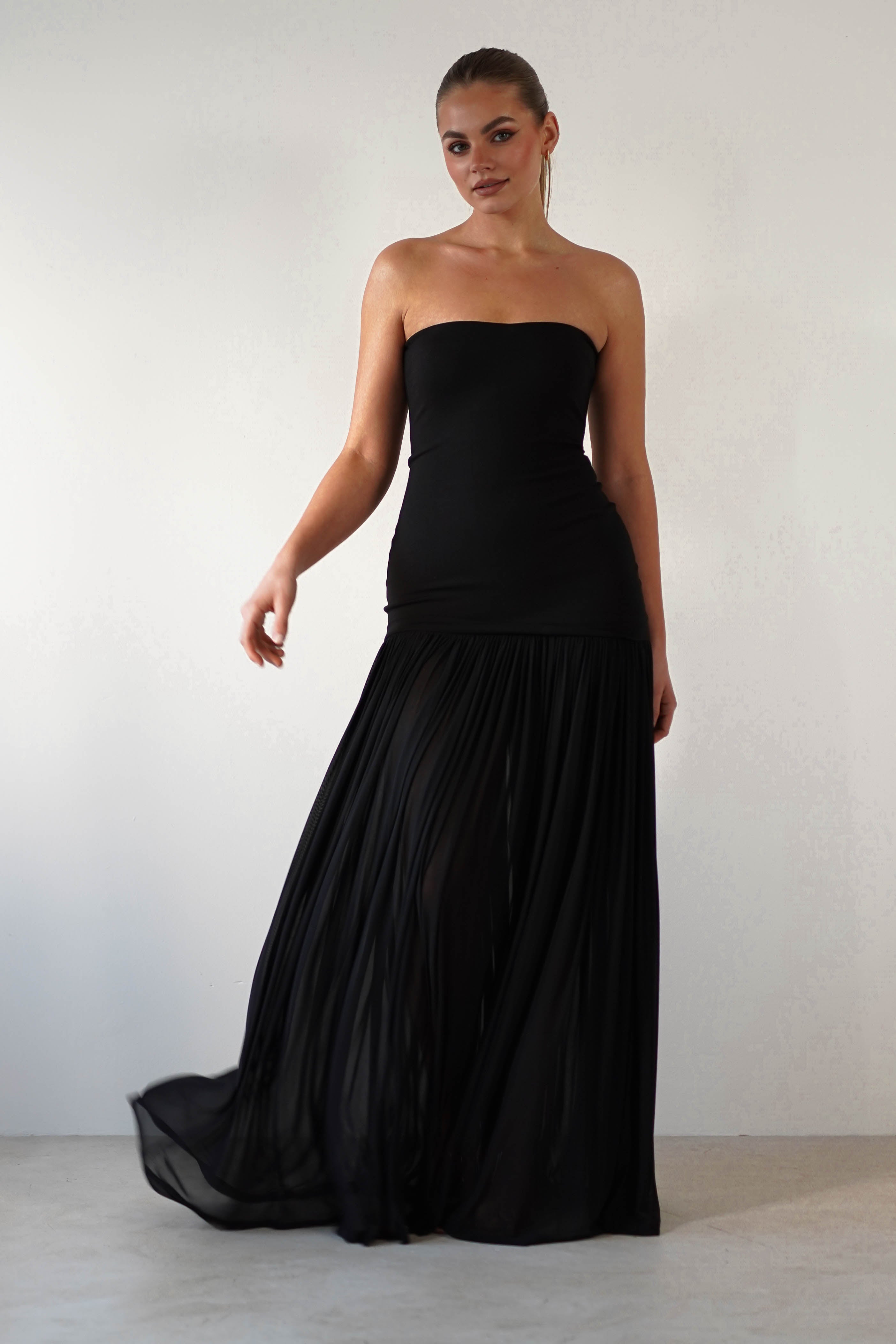 Mel Strapless Chiffon Skirt Maxi Dress | Black