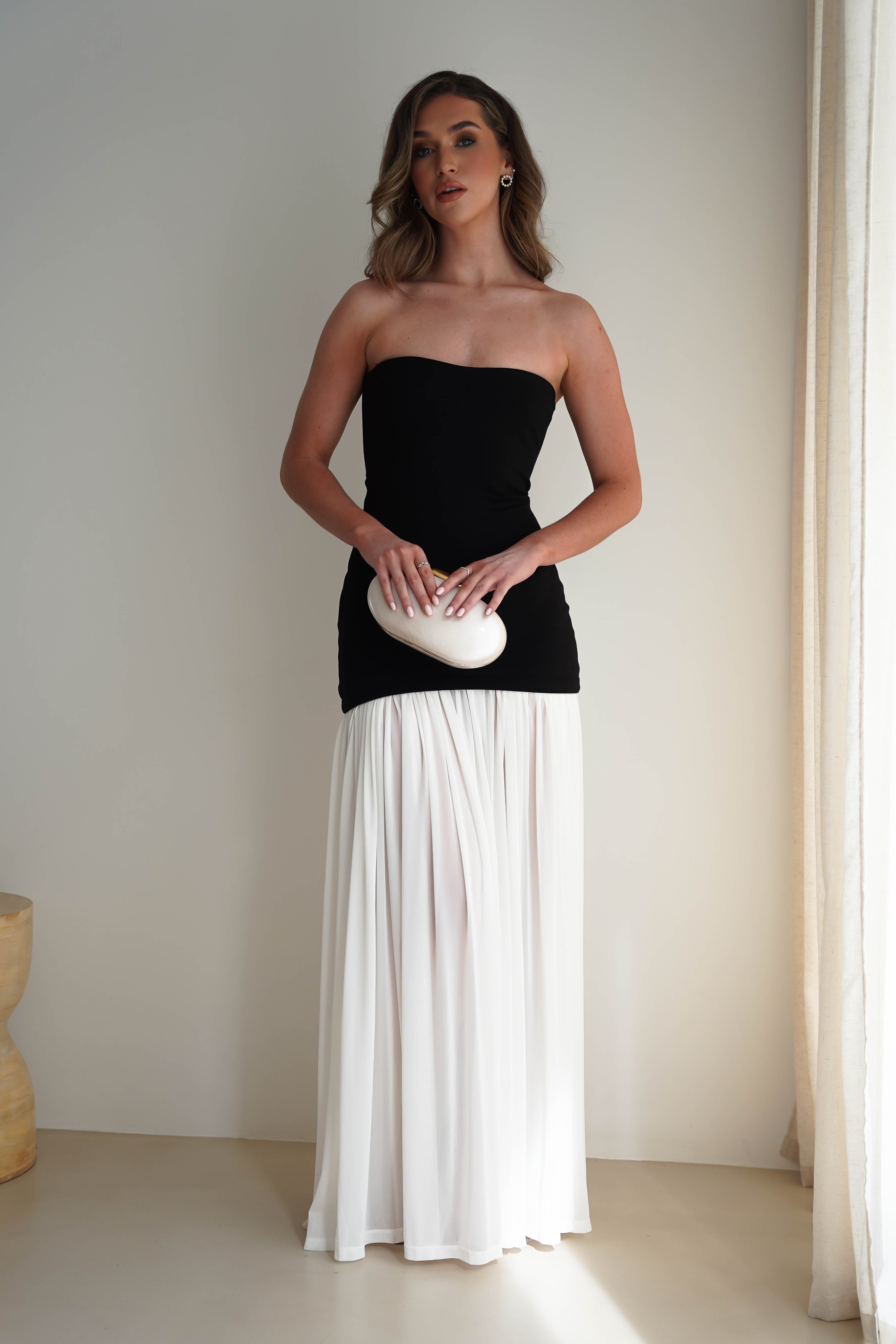 Mel Strapless Chiffon Skirt Maxi Dress | Black/White