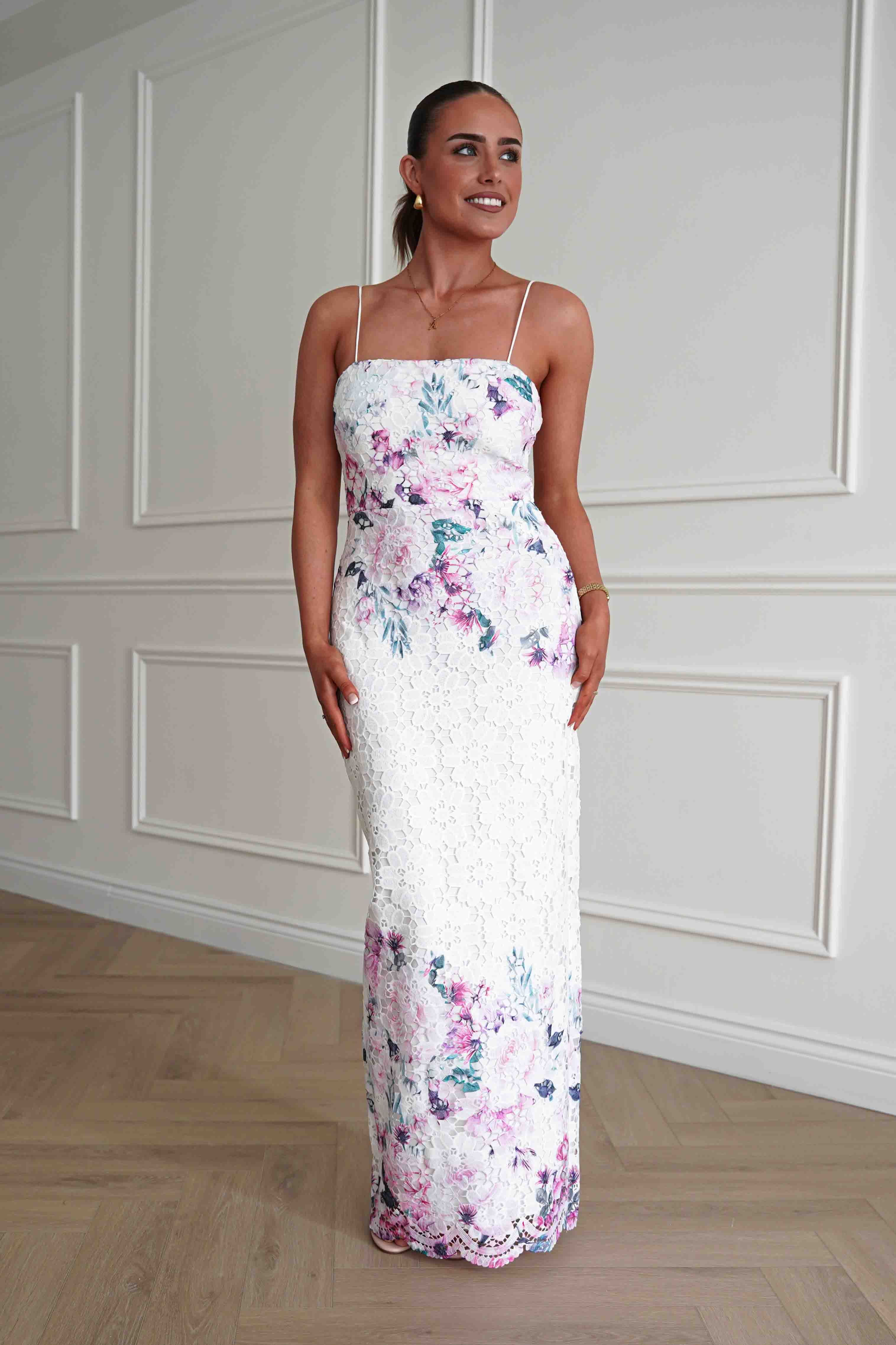 Oh Hello Clothing Women > Clothing > Dresses Melanie Floral Lace Midaxi Dress | White/Pink