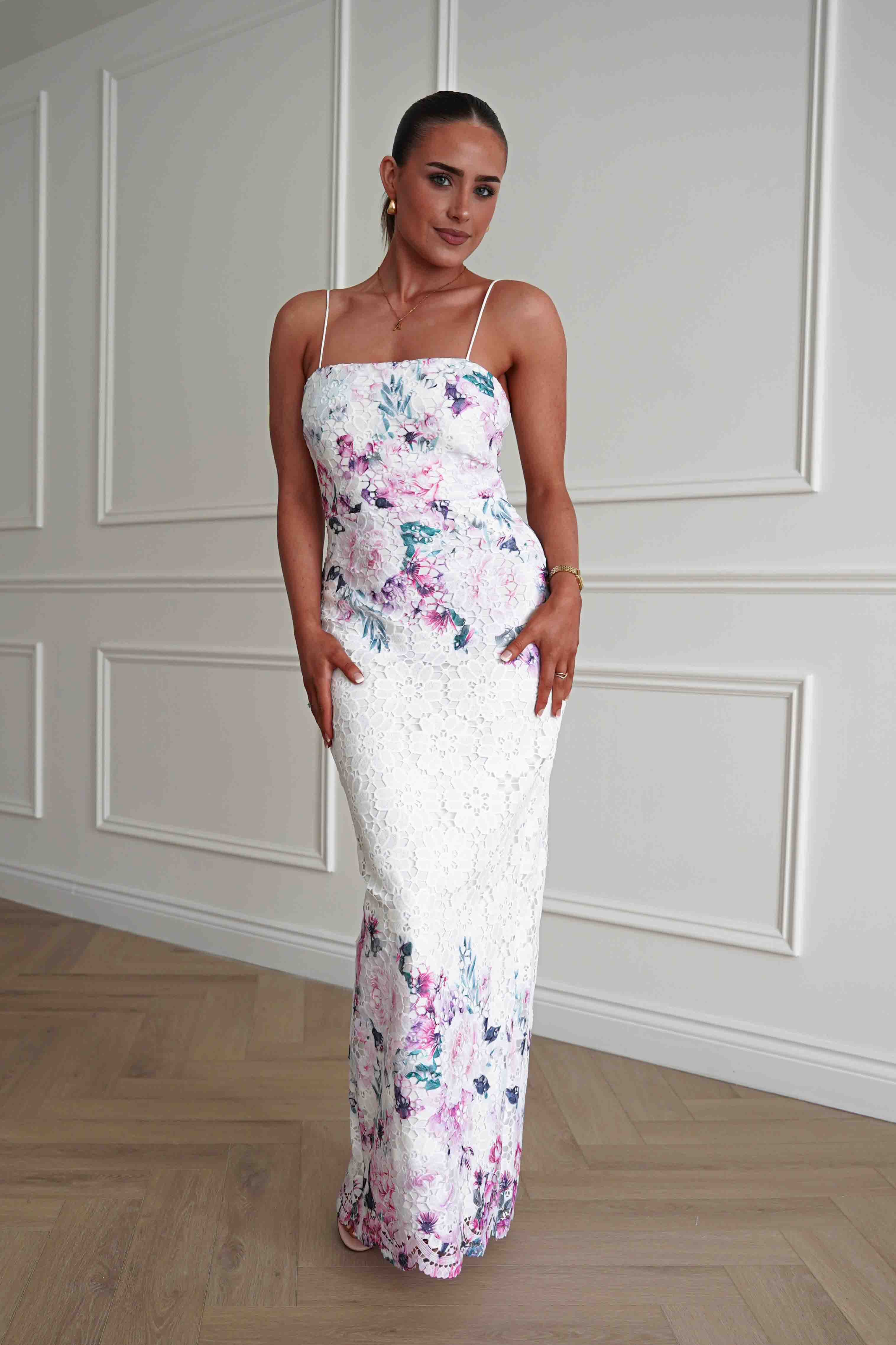 Oh Hello Clothing Women > Clothing > Dresses Melanie Floral Lace Midaxi Dress | White/Pink