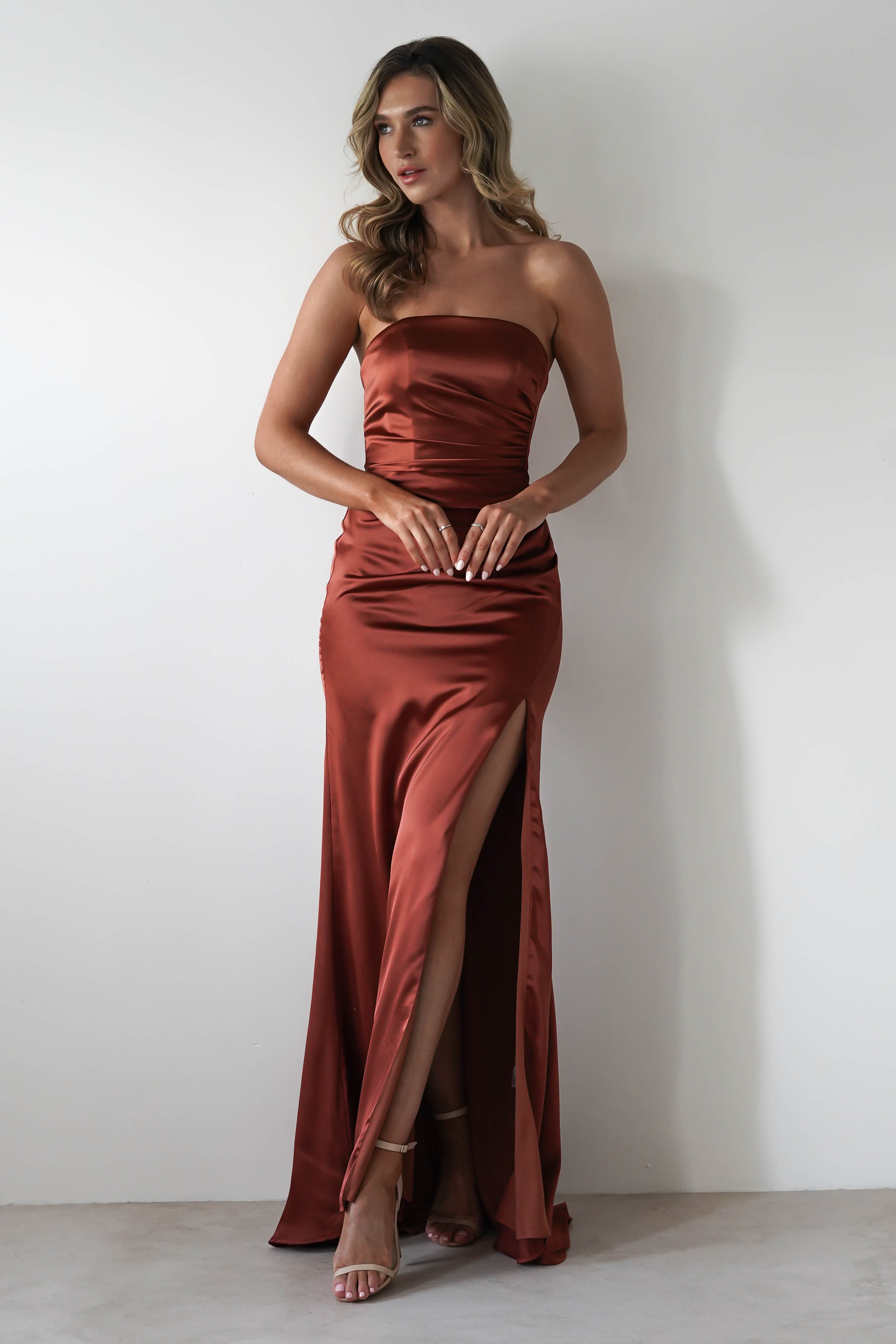 Melanie Soft Satin Maxi Gown | Rust