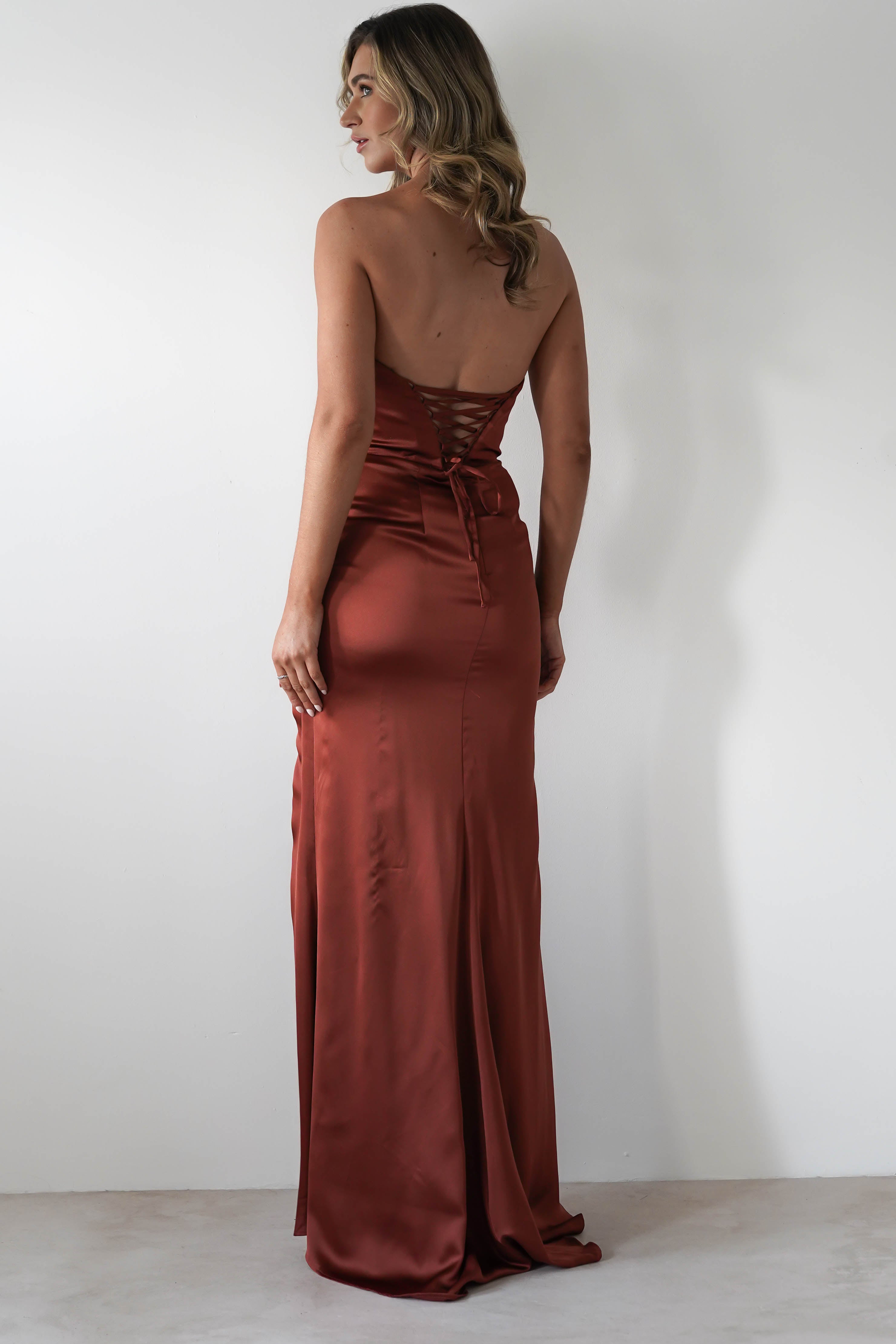 Melanie Soft Satin Maxi Gown | Rust