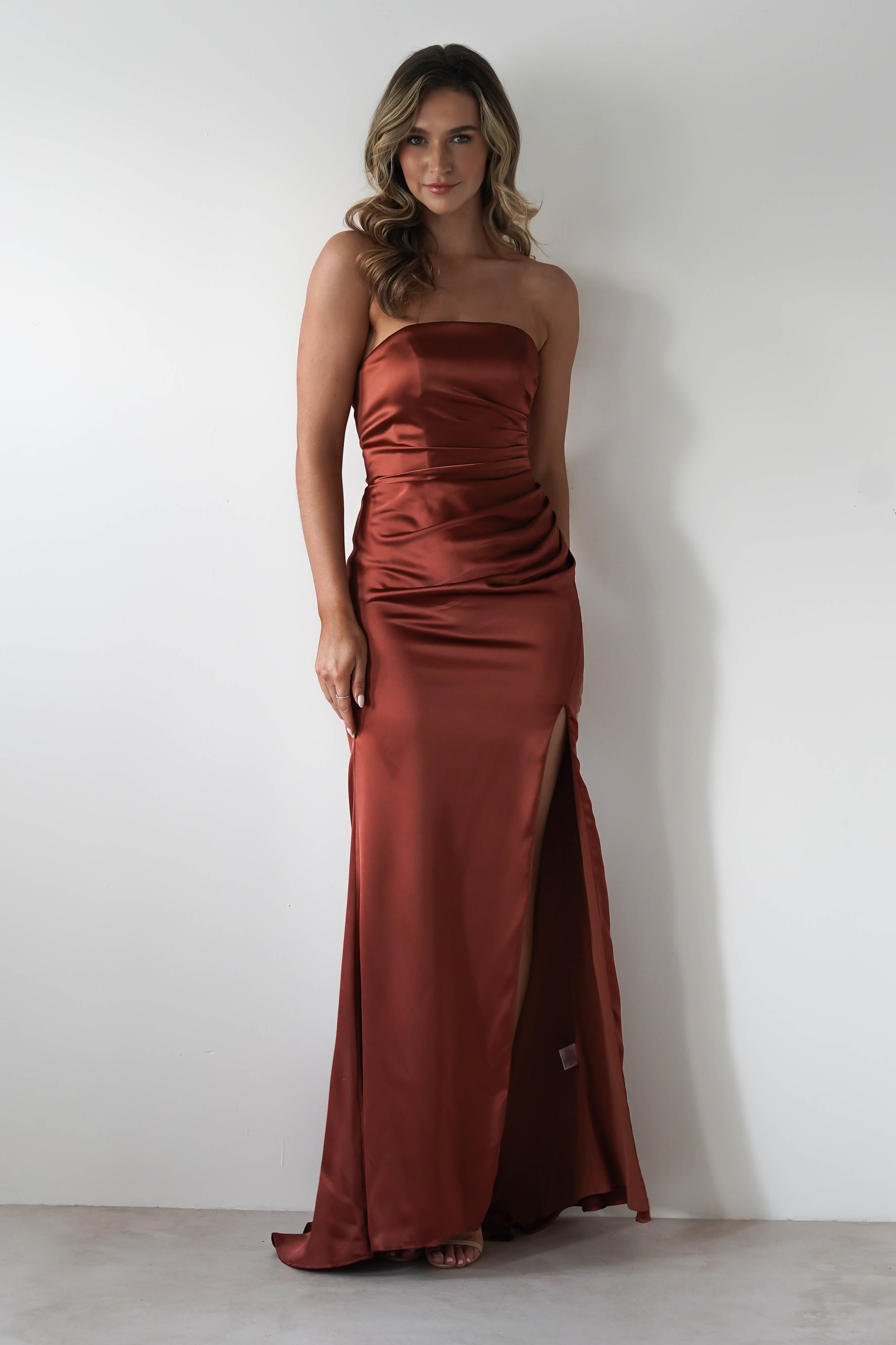 Melanie Soft Satin Maxi Gown | Rust