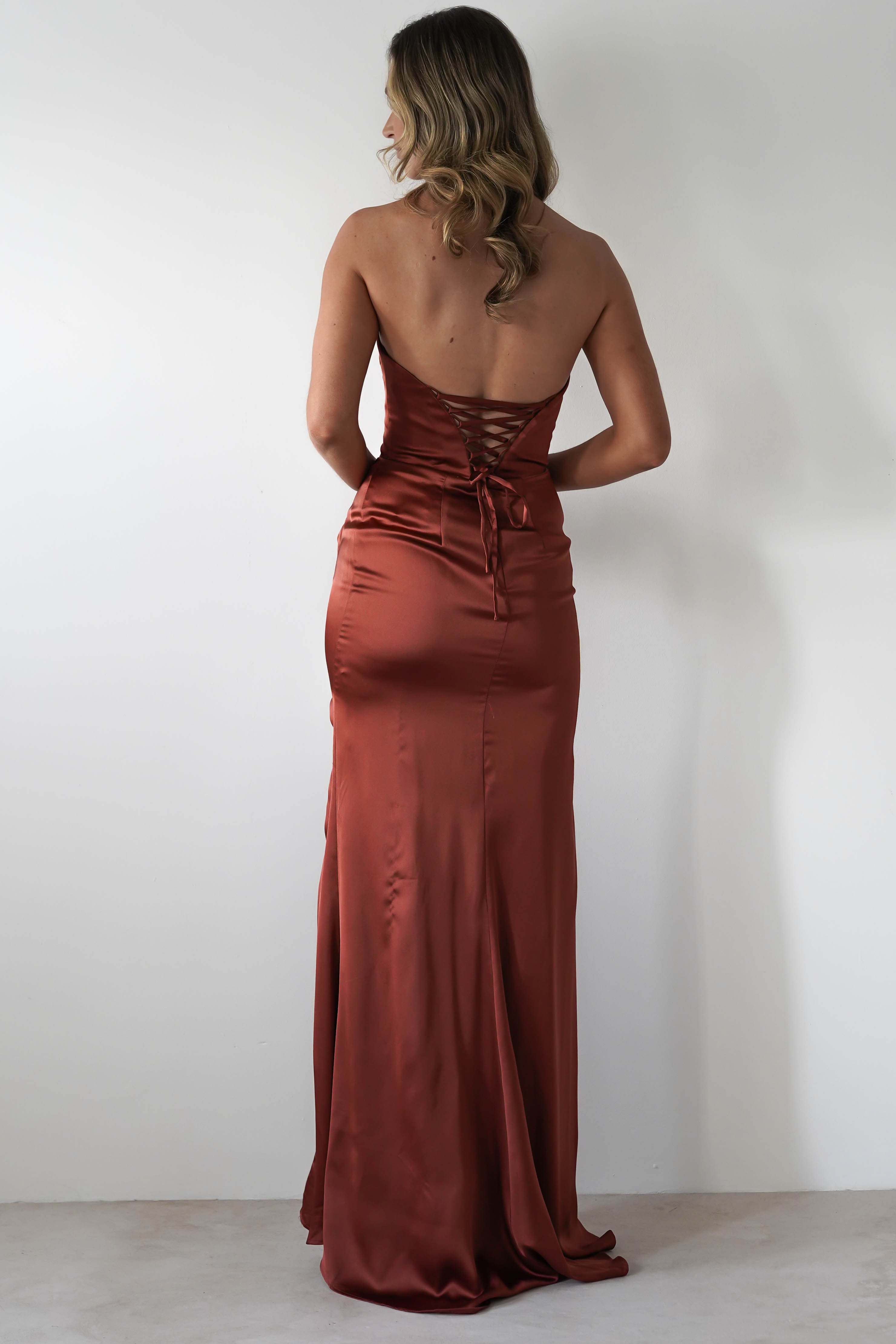 Melanie Soft Satin Maxi Gown | Rust