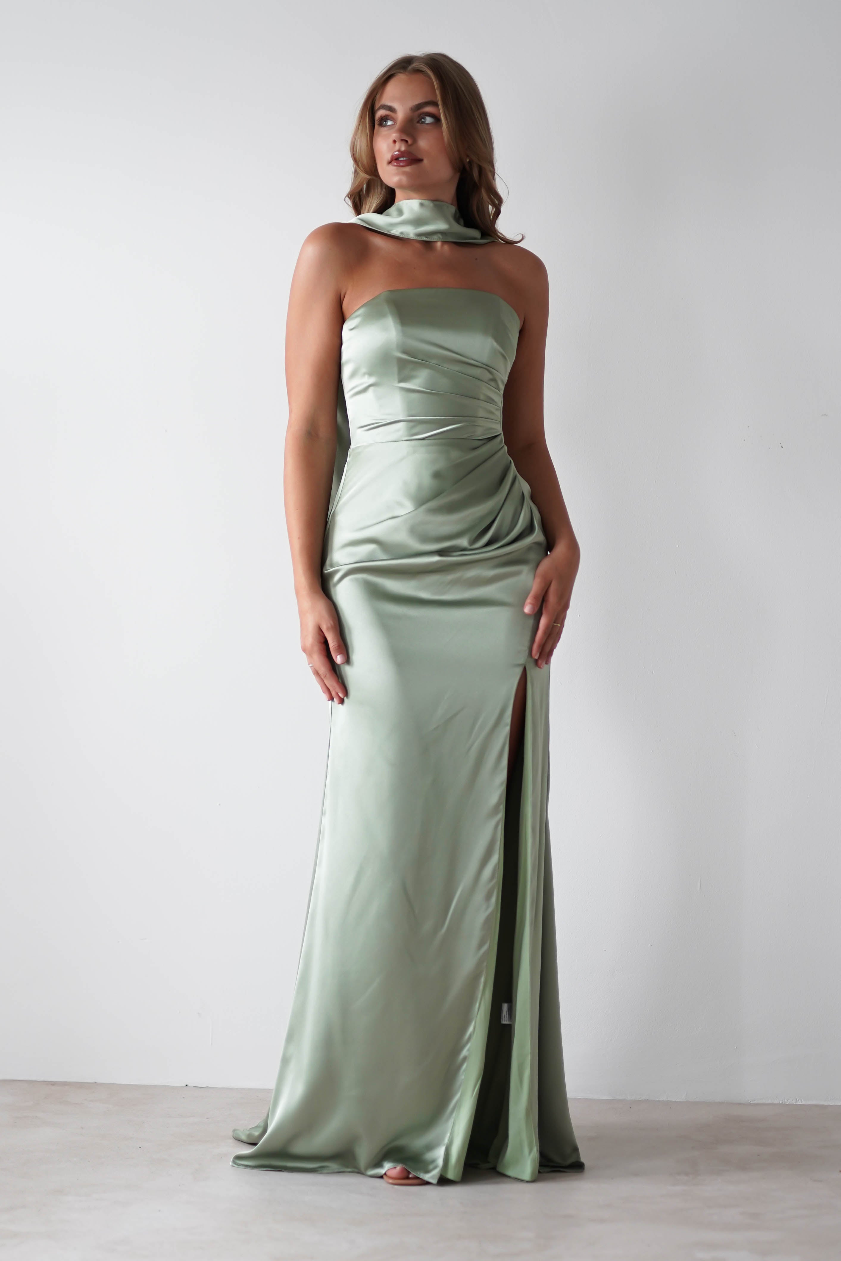 Melanie Soft Satin Maxi Gown | Sage