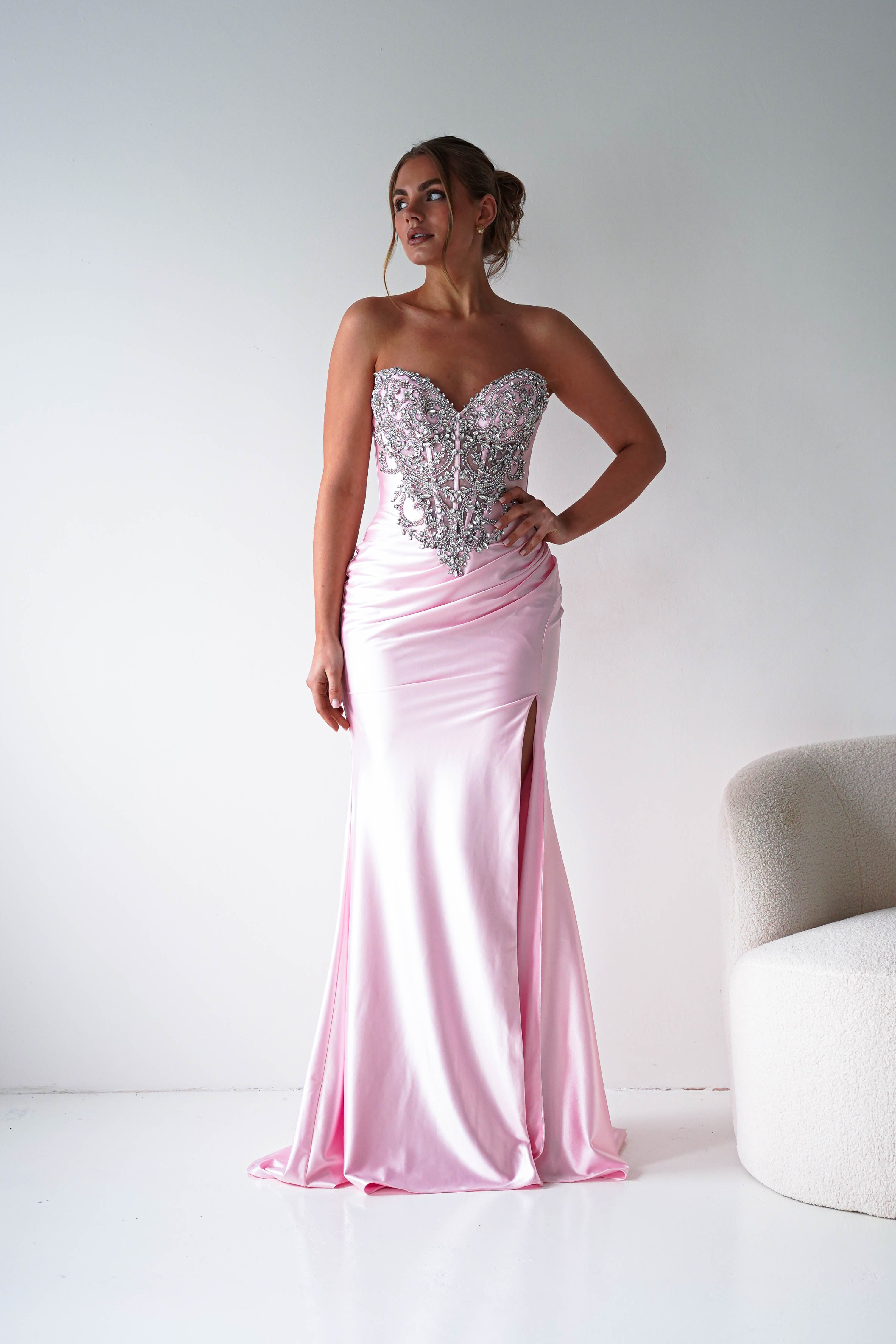 pink corset dress with rhinestones Azazie 2026 Corset Bows Column Prom Dress Pink Gown