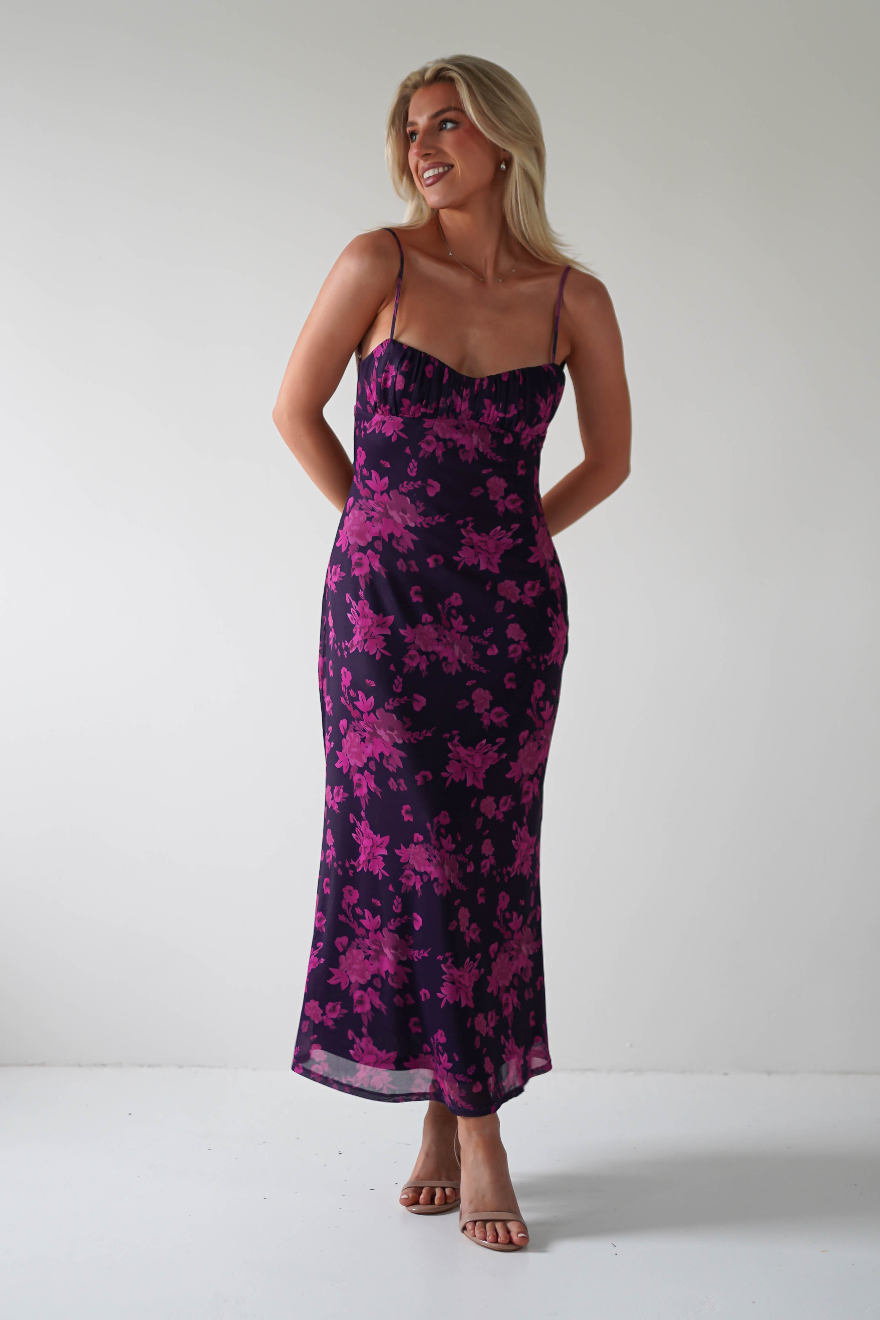 Merlo Low Back Midaxi Dress | Grape Print