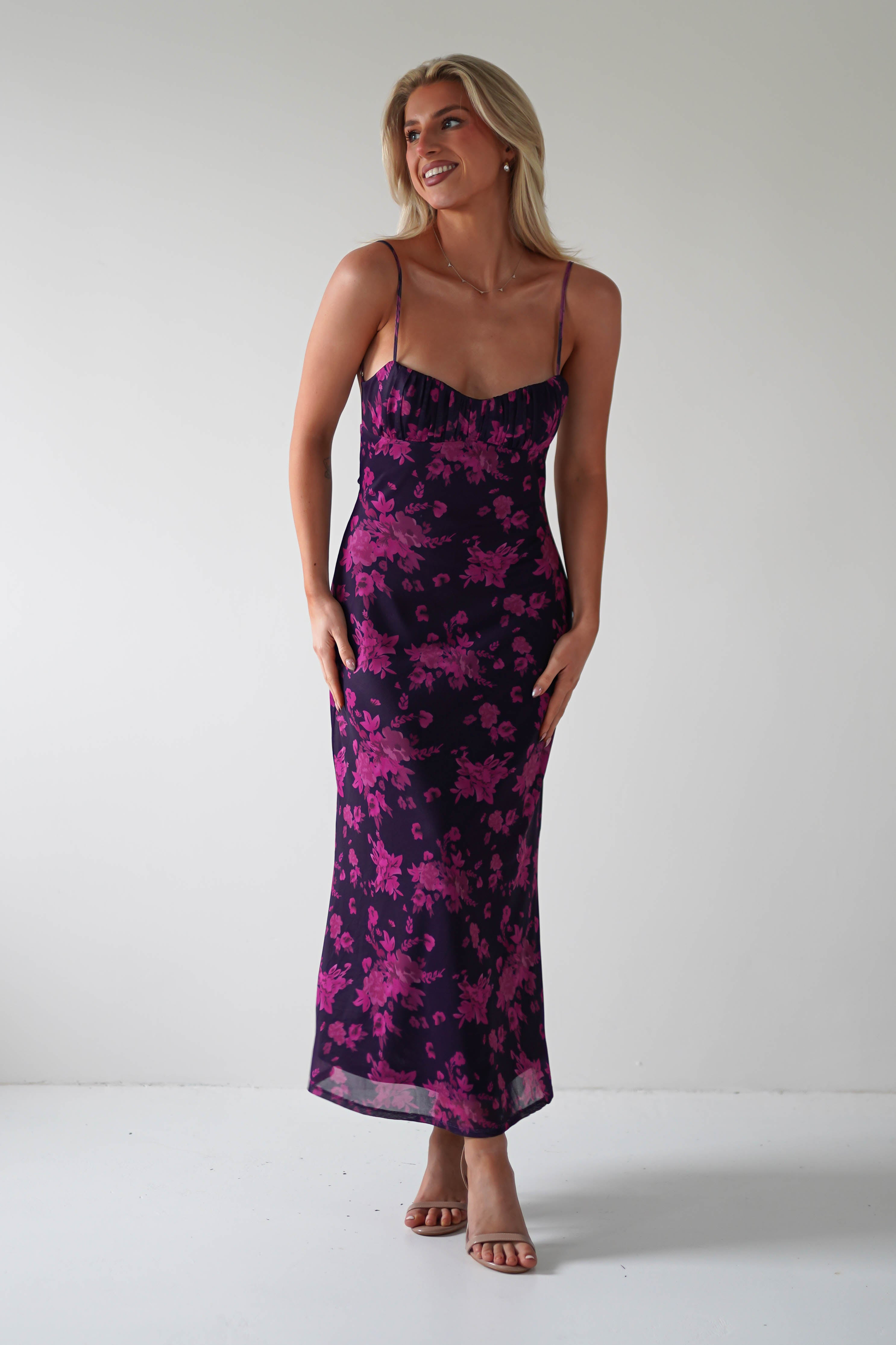 Merlo Low Back Midaxi Dress | Grape Print