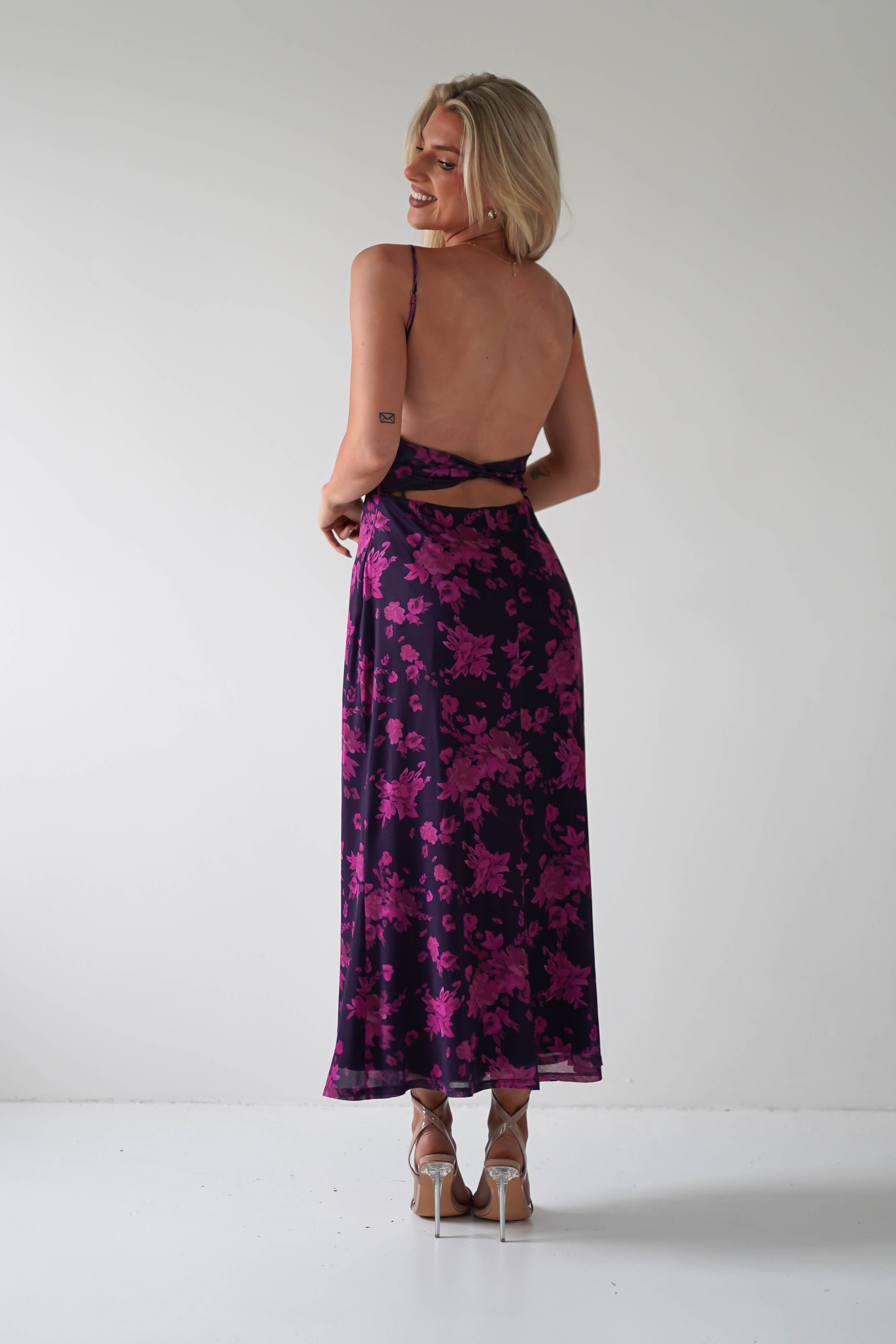 Merlo Low Back Midaxi Dress | Grape Print