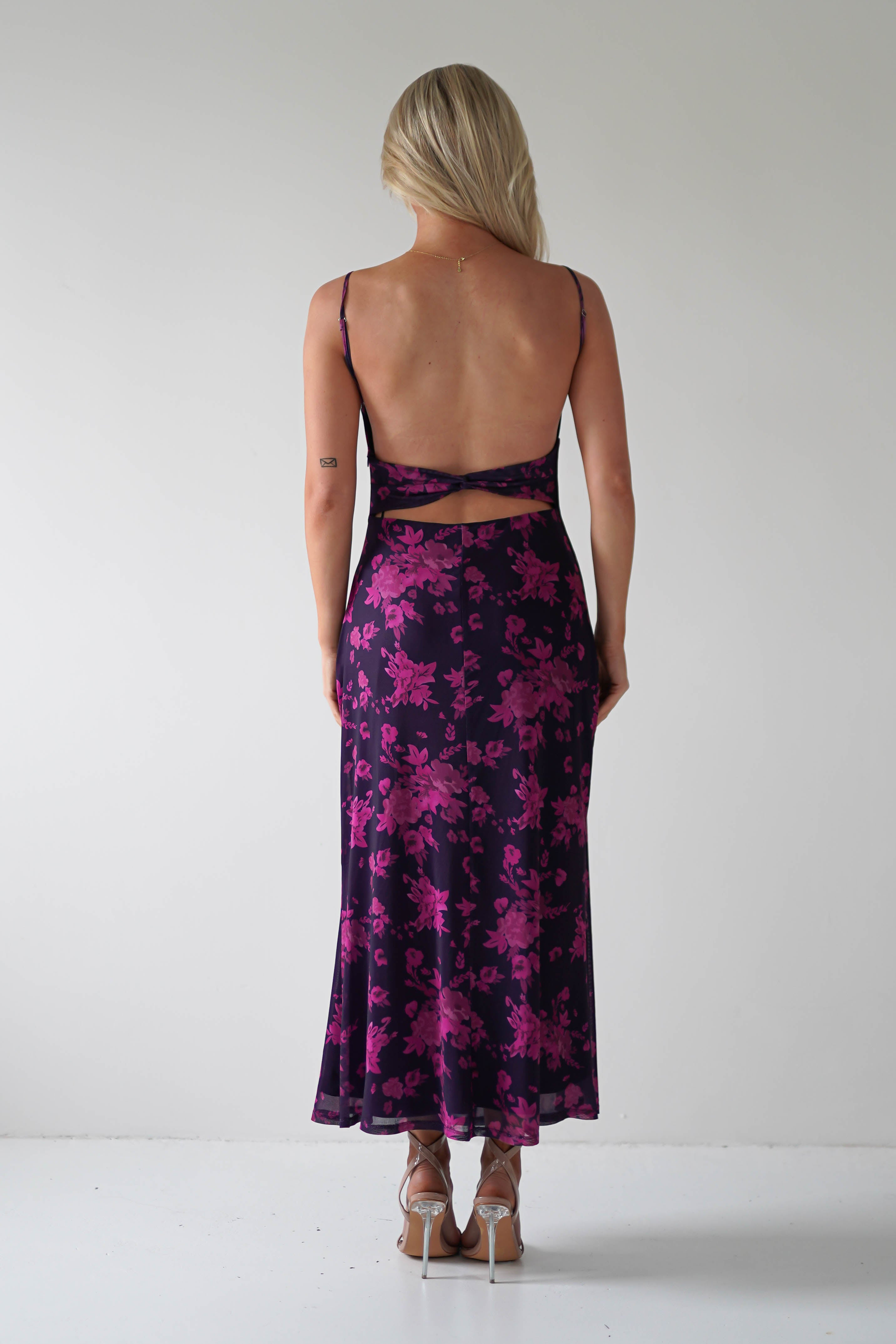 Merlo Low Back Midaxi Dress | Grape Print