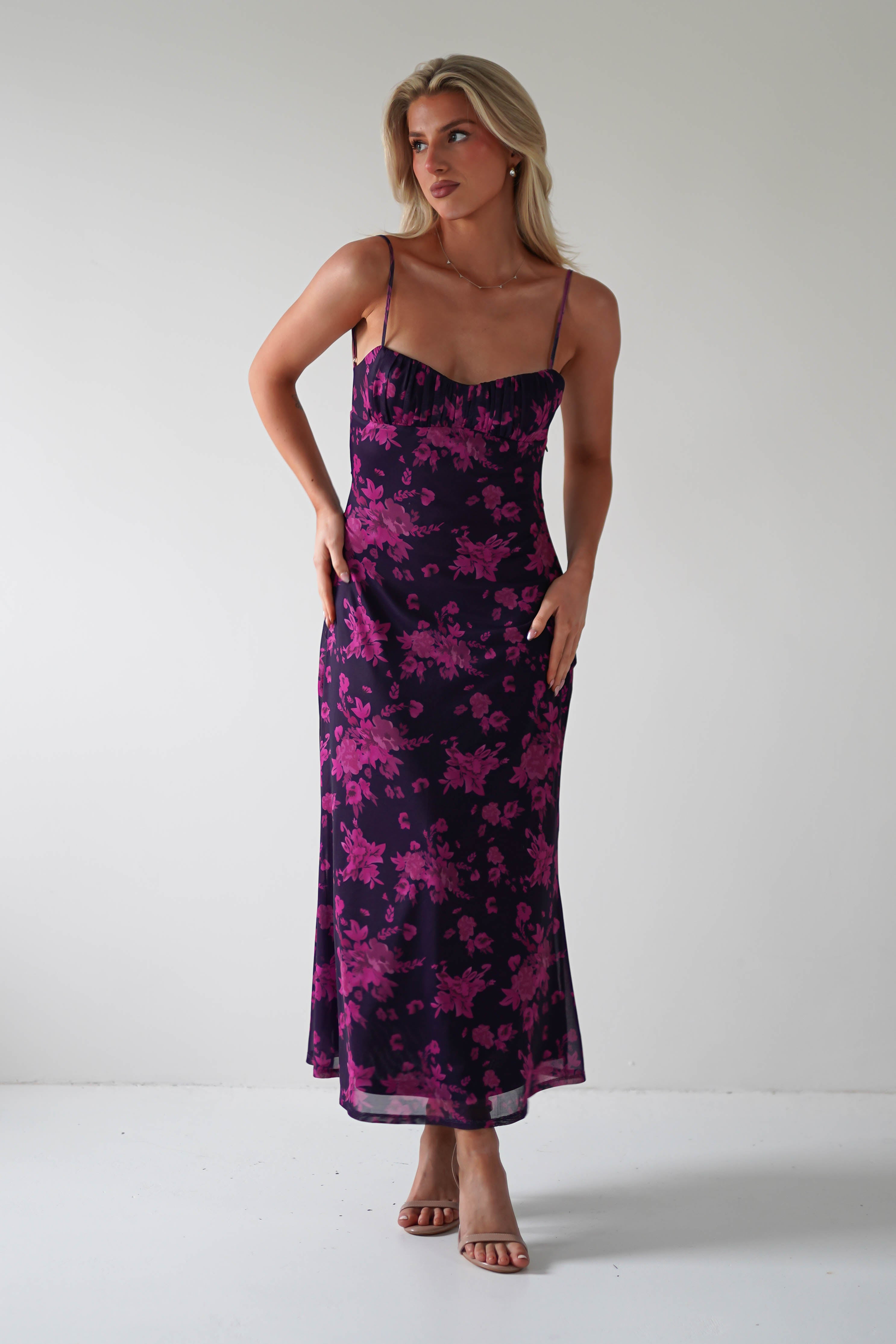 Merlo Low Back Midaxi Dress | Grape Print