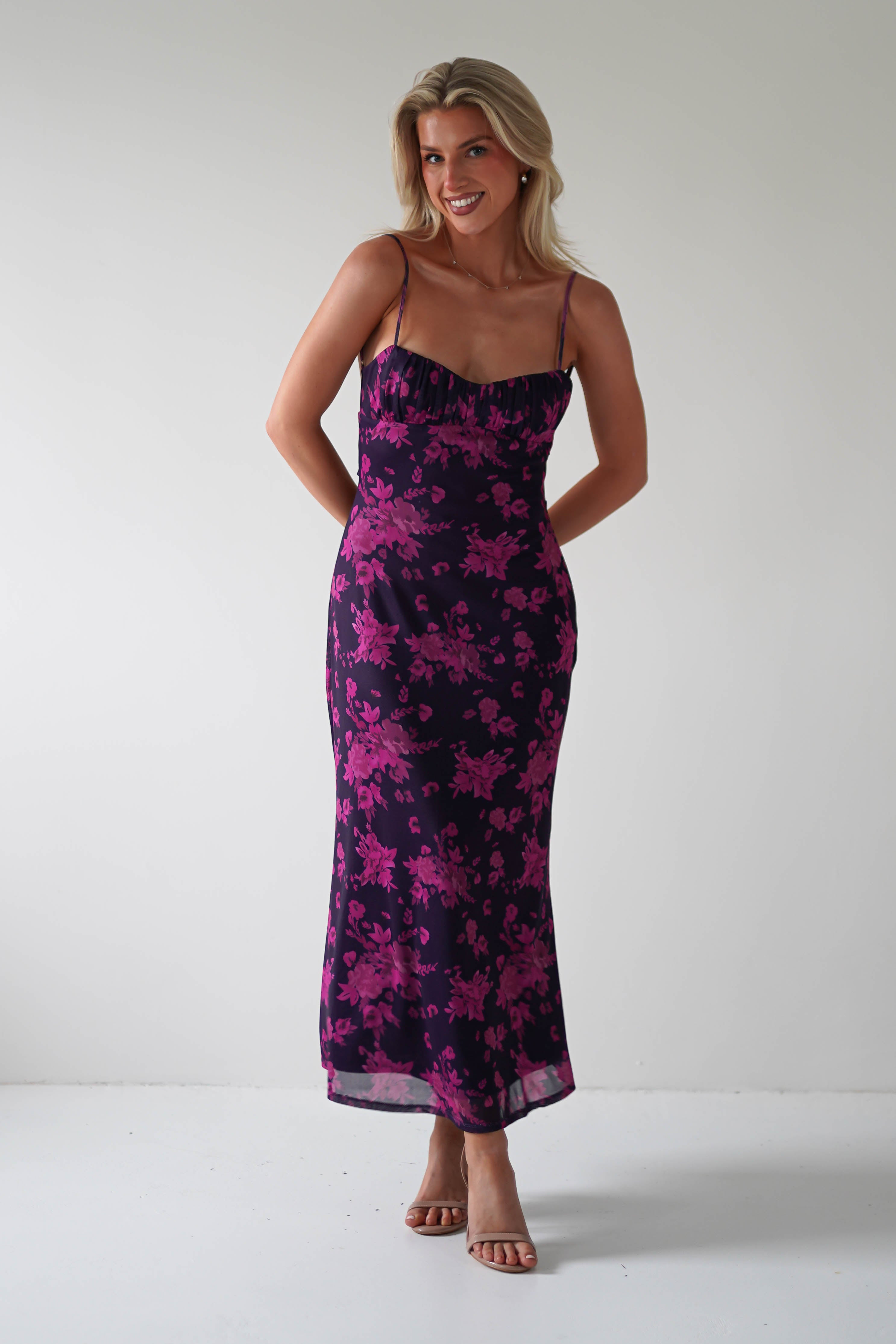 Merlo Low Back Midaxi Dress | Grape Print