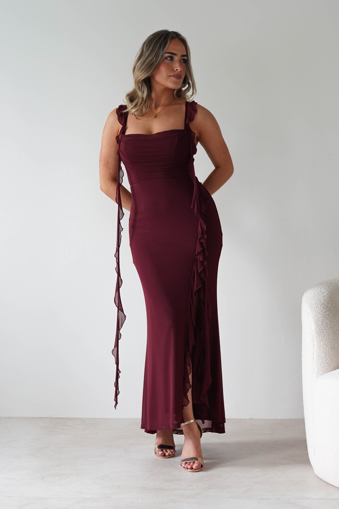 Mhissa Ruffle Maxi Dress | Burgundy | Oh Hello Clothing | XS (6)