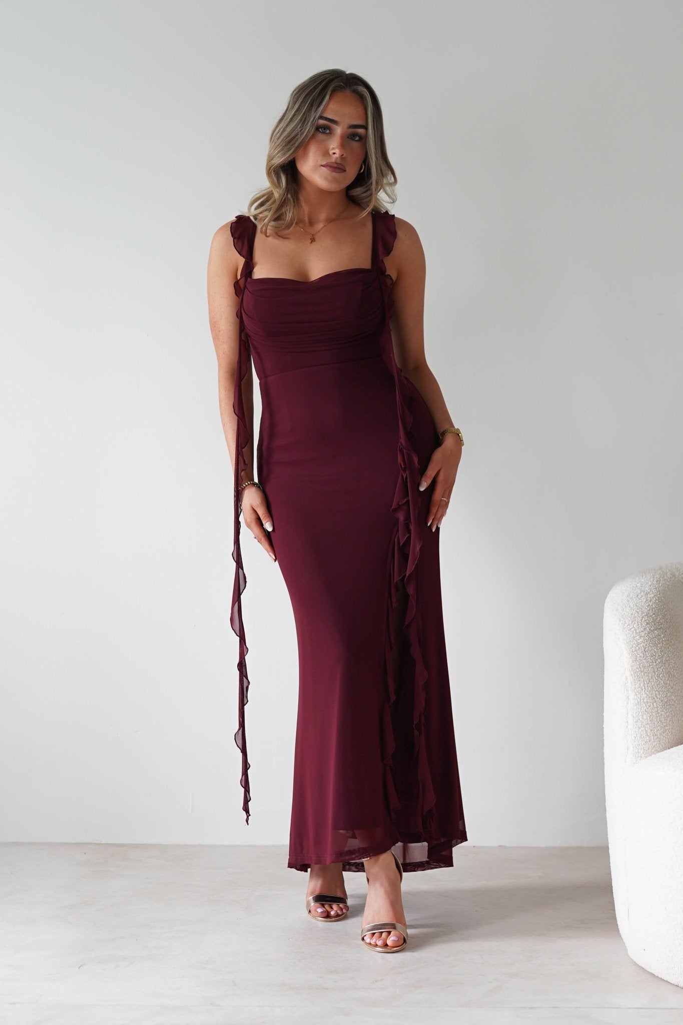 Mhissa Ruffle Maxi Dress | Burgundy | Oh Hello Clothing | XS (6)