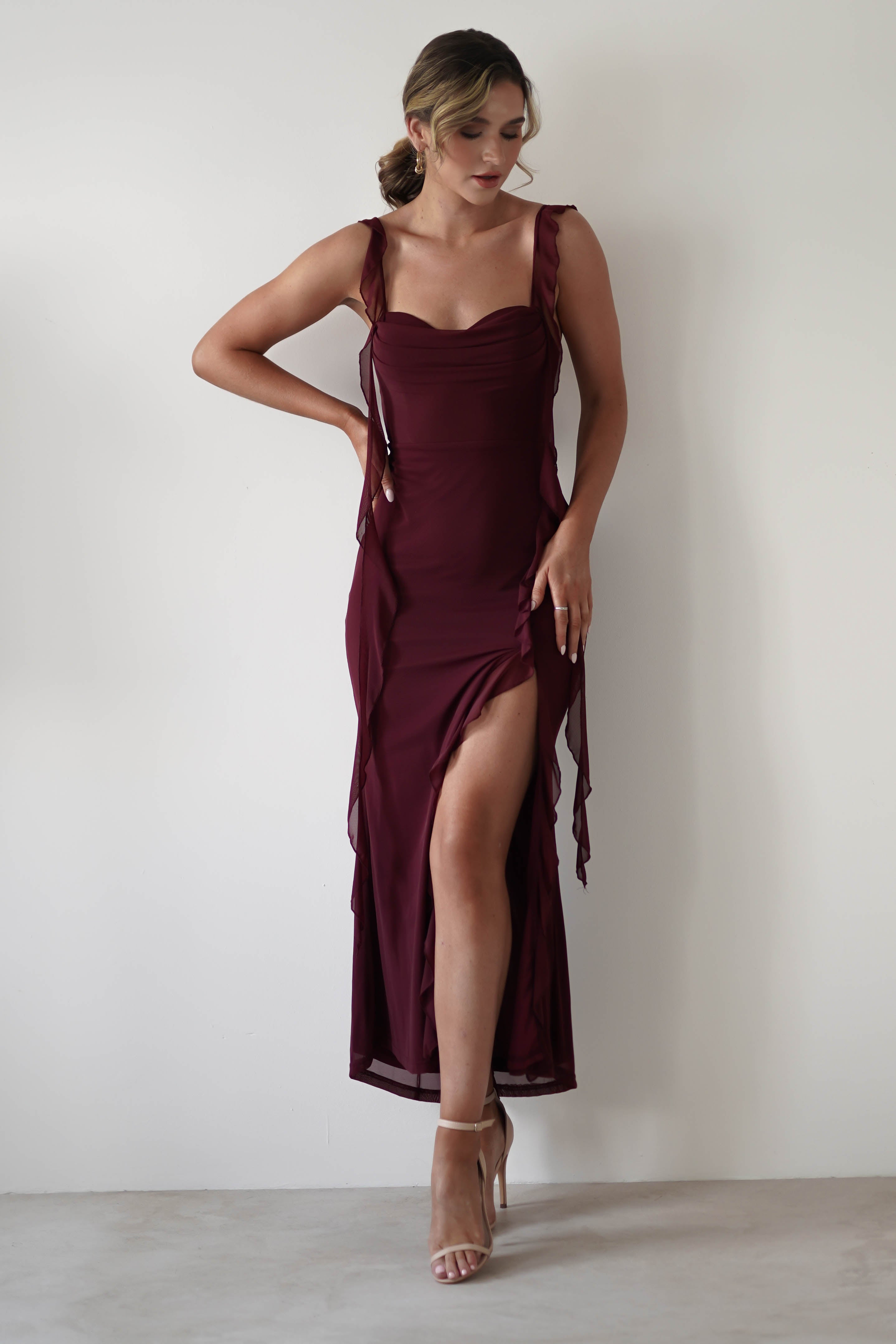 Mhissa Ruffle Maxi Dress | Burgundy