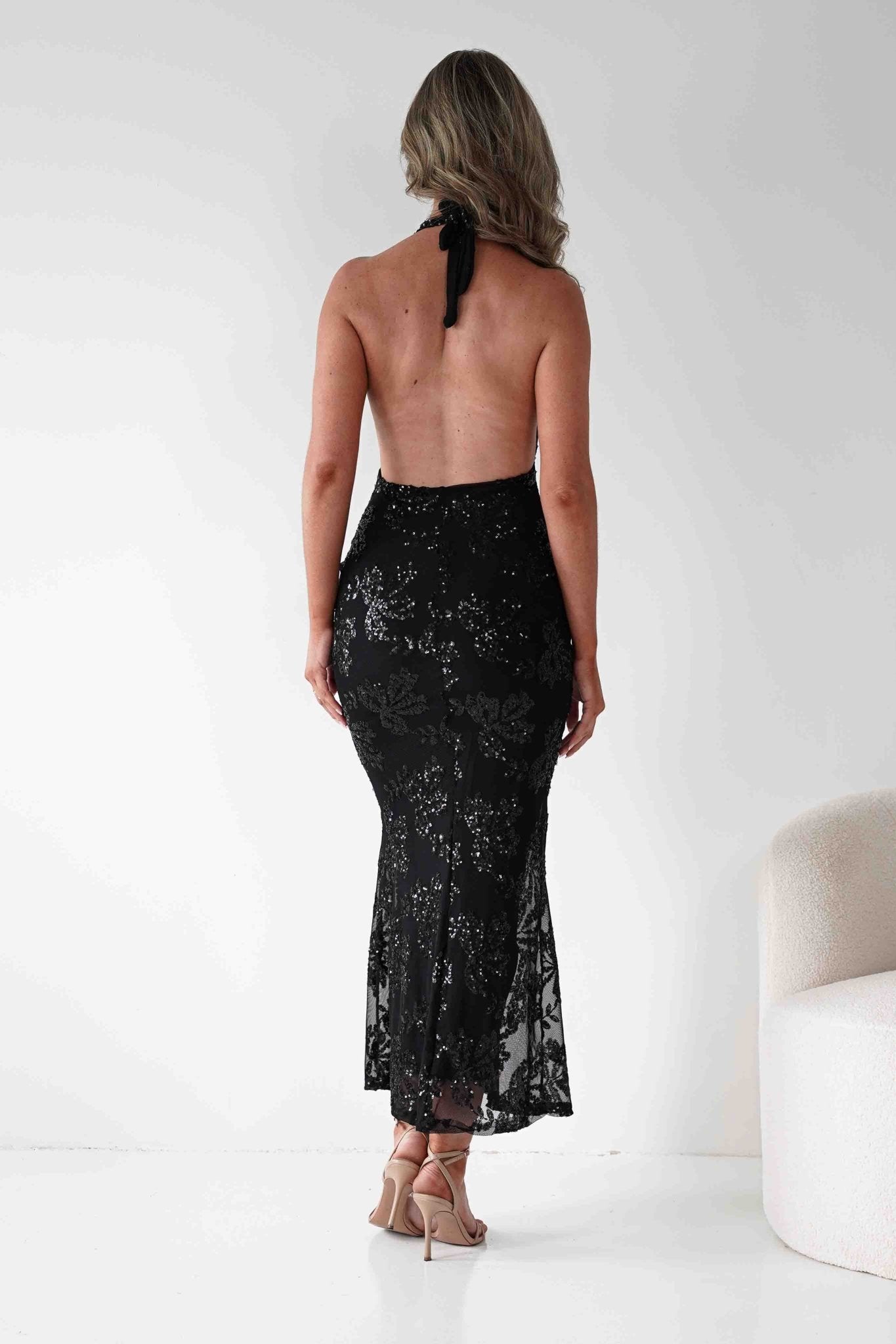 Michaela Halterneck Sequin Maxi Dress | Black | Oh Hello Clothing | S/M - (8 - 10)