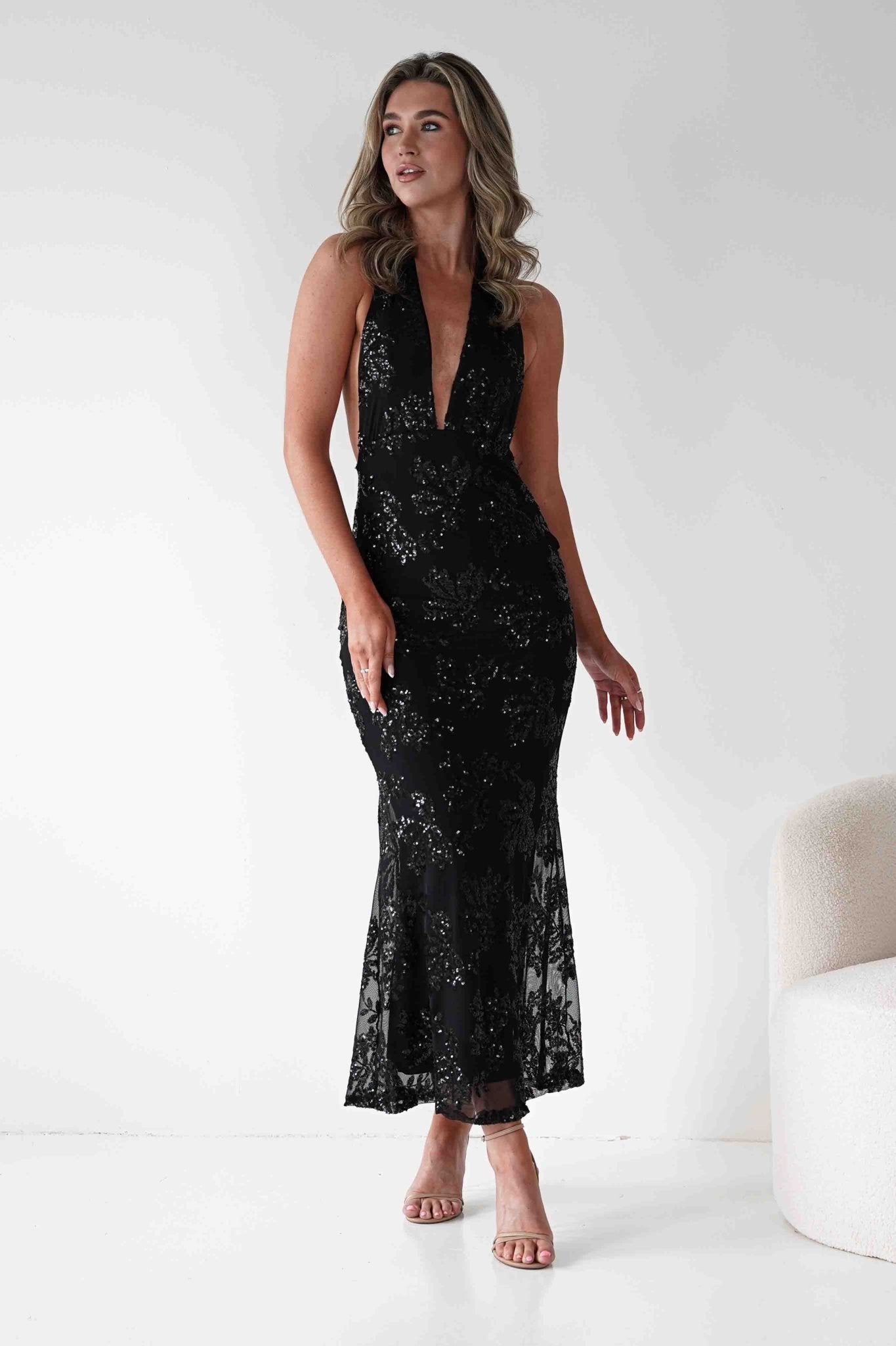 Michaela Halterneck Sequin Maxi Dress | Black | Oh Hello Clothing | S/M - (8 - 10)