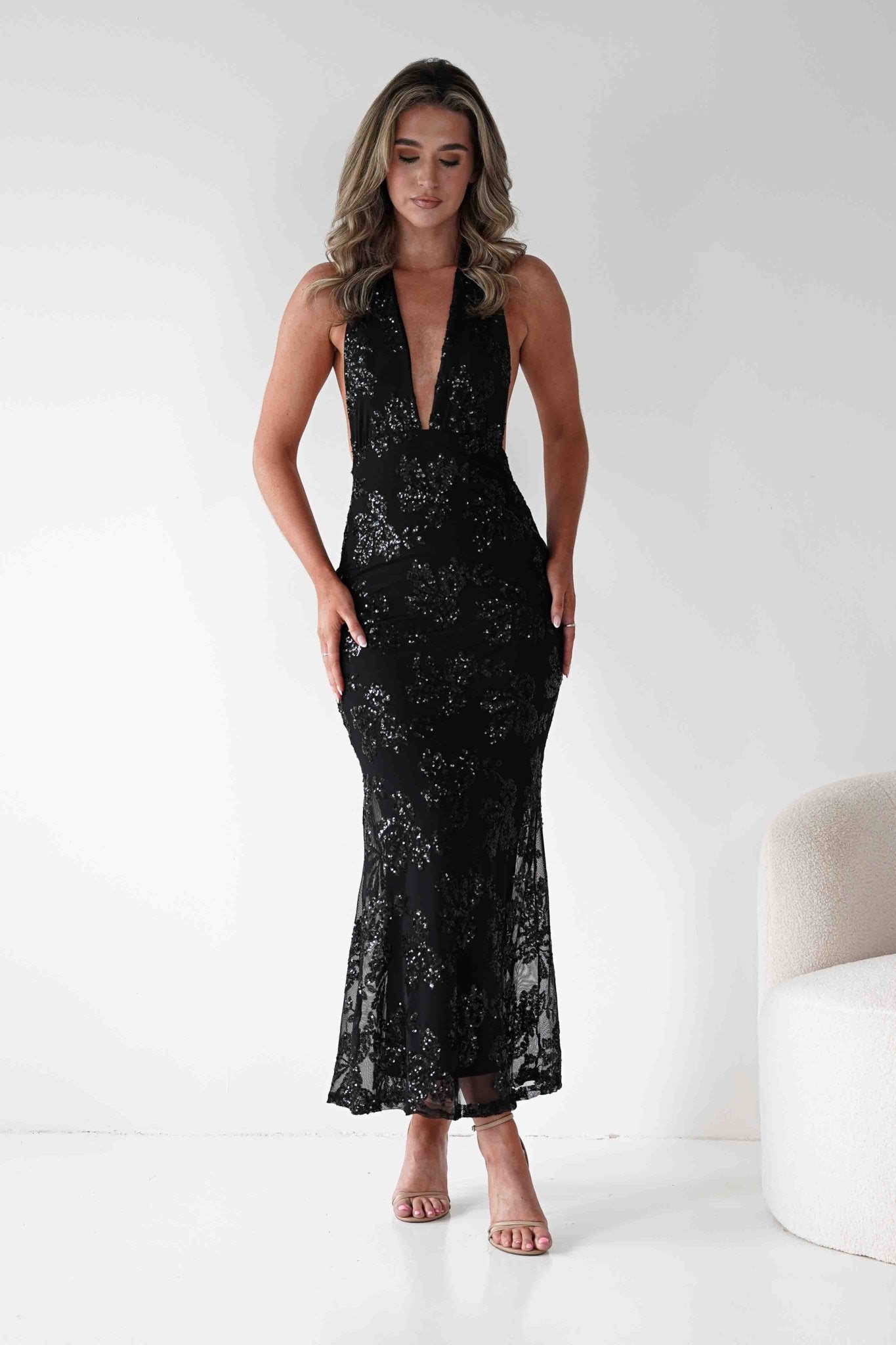 Michaela Halterneck Sequin Maxi Dress | Black | Oh Hello Clothing | S/M - (8 - 10)