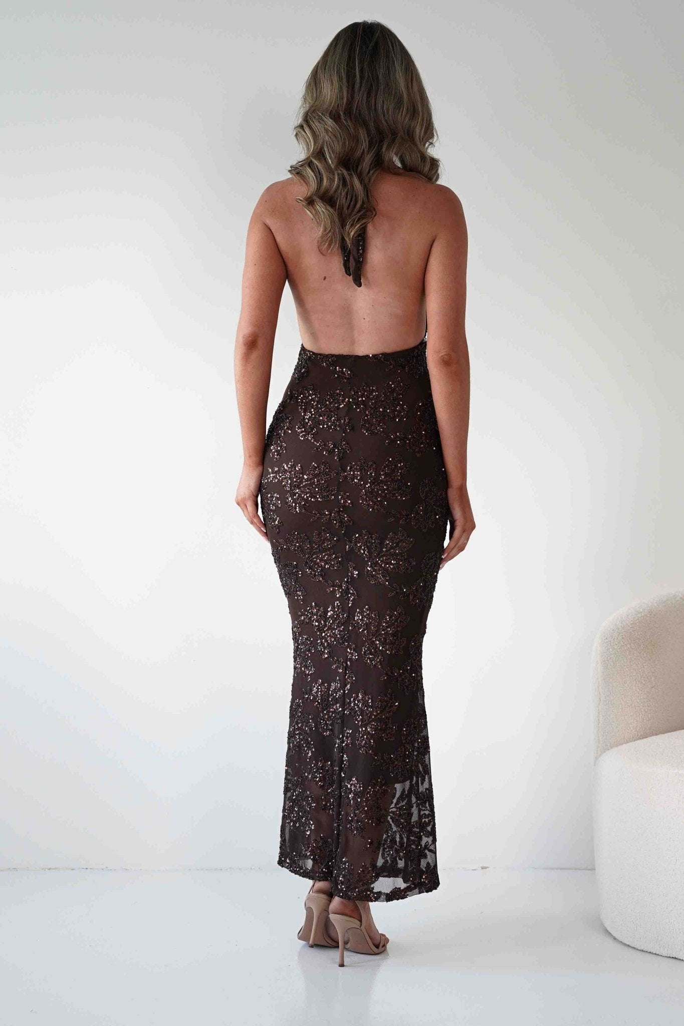 Michaela Halterneck Sequin Maxi Dress | Brown | Oh Hello Clothing | S/M - (8 - 10)