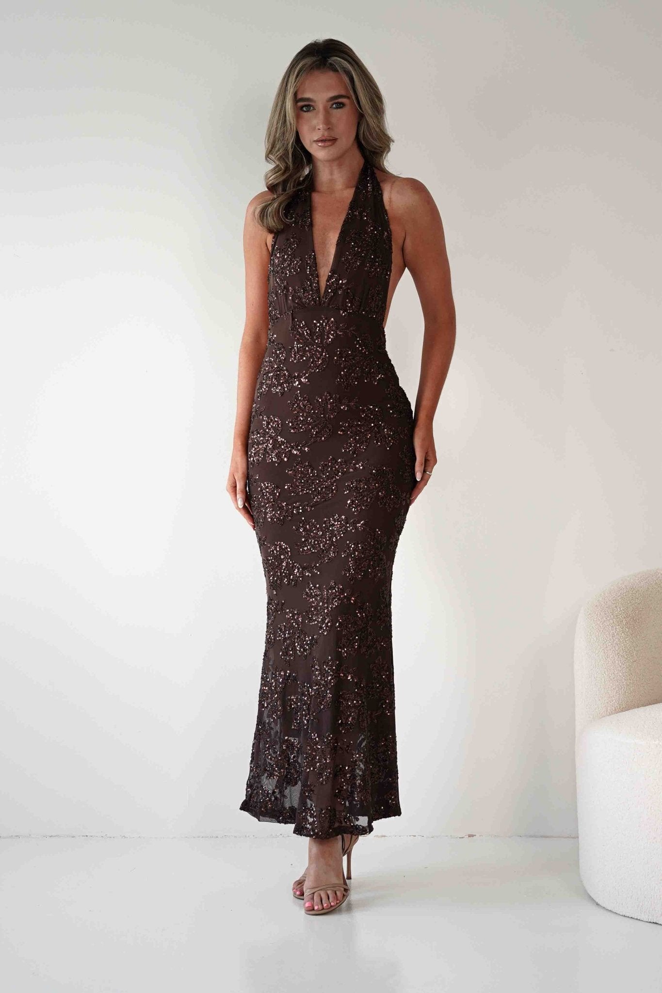 Michaela Halterneck Sequin Maxi Dress | Brown | Oh Hello Clothing | S/M - (8 - 10)
