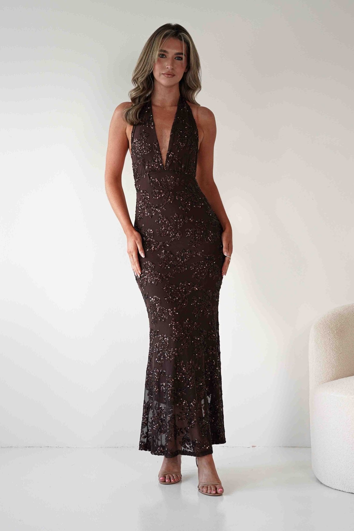Michaela Halterneck Sequin Maxi Dress | Brown | Oh Hello Clothing | S/M - (8 - 10)