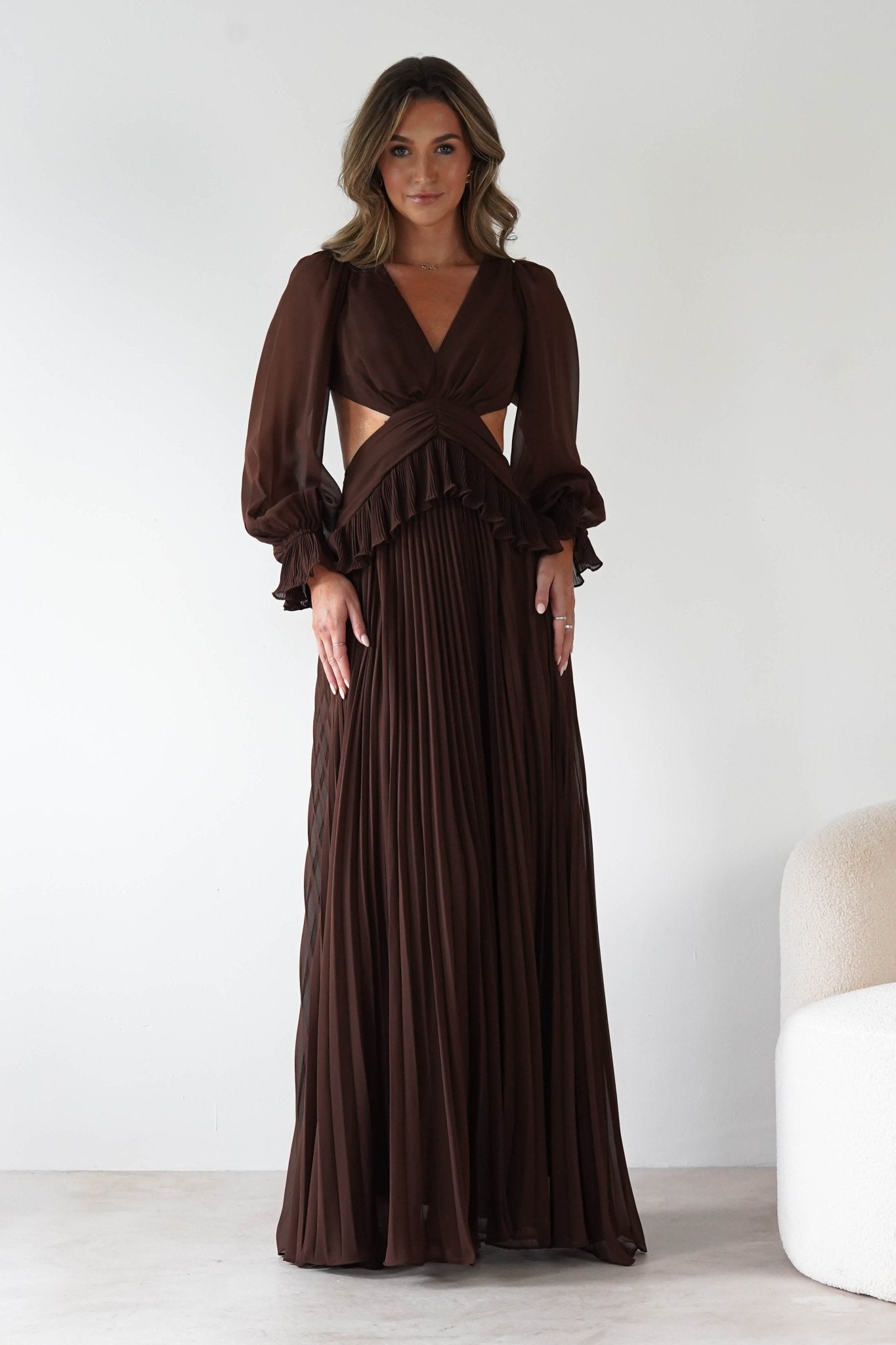 Middleton Pleated Maxi Dress | Brown | Oh Hello Clothing | S (8)