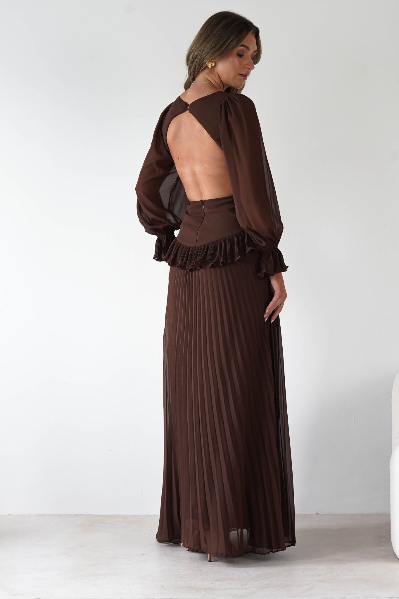 Middleton Pleated Maxi Dress | Brown | Oh Hello Clothing | S (8)