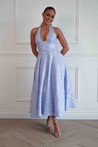 Oh Hello Clothing Women > Clothing > Dresses Mila Jacquard Plunge Midi Dress | Blue